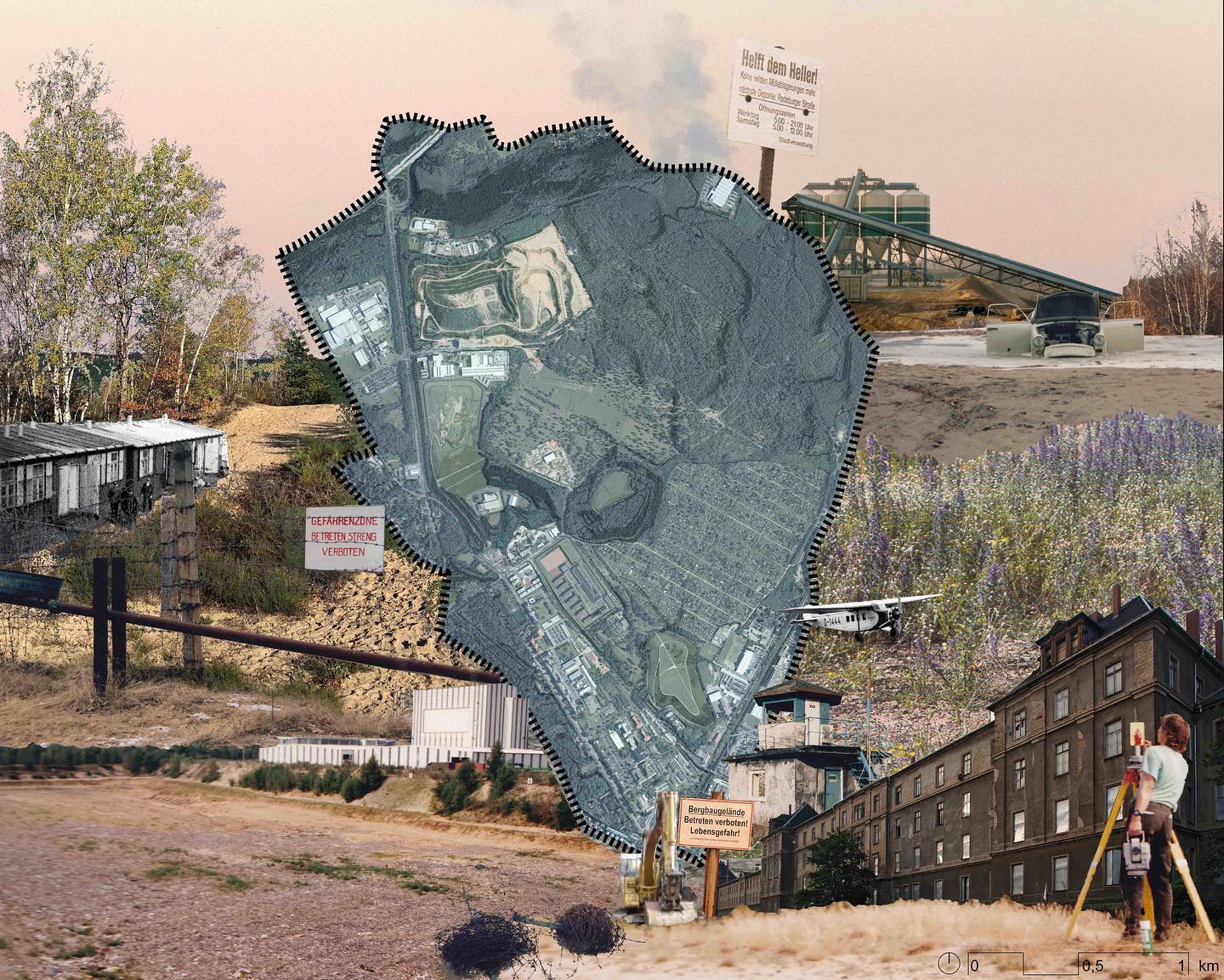 Trockenrasen neben Schilderwald, Gefängnismauern und flatternde Drachen, Deponien, Sandabbau und Landschaftsschutz, Gedenkstätte und Joggingstrecke und vieles mehr. Der Heller, eine Collage. Was erkennt ihr?