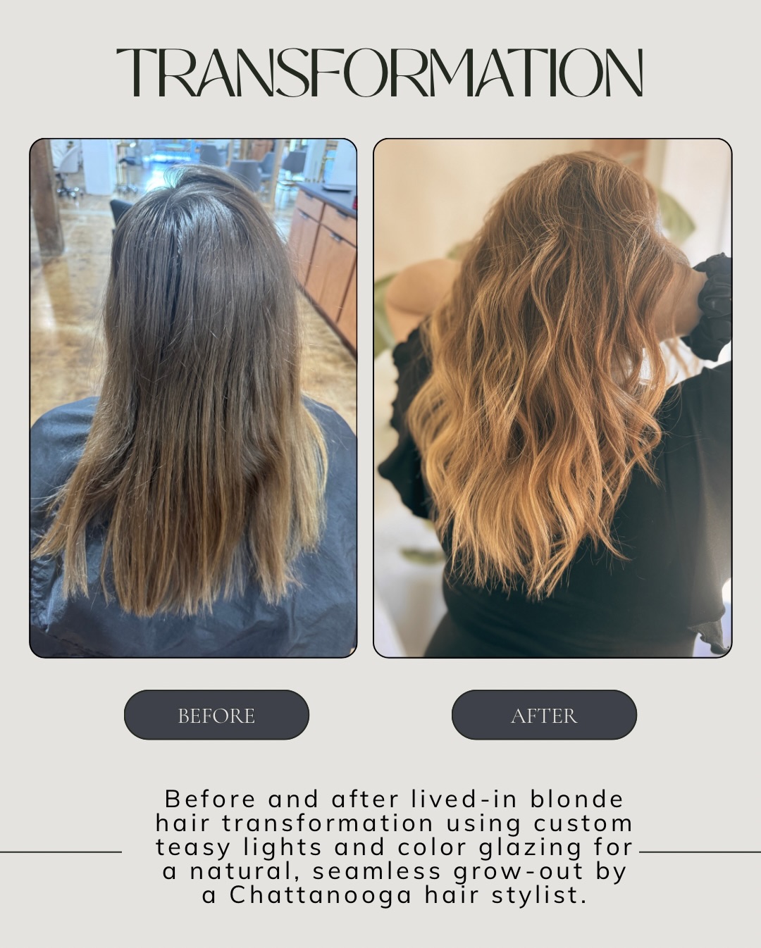 ✨ From “meh” to main-character energy ✨
This mama-to-be came in feeling a little blah and left GLOWING 🌟
She didn’t just want lighter hair — she wanted to love her hair again.
We started with a professional hair consultation weeks ago to review her hair history, color history, and inspiration photos, then created a custom plan to safely reach her goals.
Today, we brought it to life with custom teasy lights and dimensional color glazes for a soft, natural, lived-in blonde that blends seamlessly from root to end.
This color technique is perfect for busy women and moms-to-be who want:
✔️ low-maintenance blonde
✔️ healthy hair integrity
✔️ long-lasting, beautiful grow-out
✨ Maintenance plan:
• Triple T appointments (trim / treatment / tone)
• blonding refresh only 2–3 times per year
When the smile gets big and the dimples come out, you KNOW it’s a win 🥹
Helping women feel confident, radiant, and powerful in every season of life is why I love what I do.
💬 Looking for a low-maintenance blonde or lived-in color in Chattanooga or Dayton, TN?
Book your consultation today and let’s build a hair plan that fits your lifestyle.
👉🏽 Link in bio to book ✨
#ChattanoogaHairStylist #DaytonTNHairStylist #ChattanoogaColorist
#TennesseeHairStylist #LivedInBlondeSpecialist
• Chattanooga hair stylist
• Dayton TN hair stylist
• Lived-in blonde specialist
• Teasy lights color technique
• Low maintenance blonde
• Dimensional blonde hair
• Hair color consultation
• Healthy blonde services