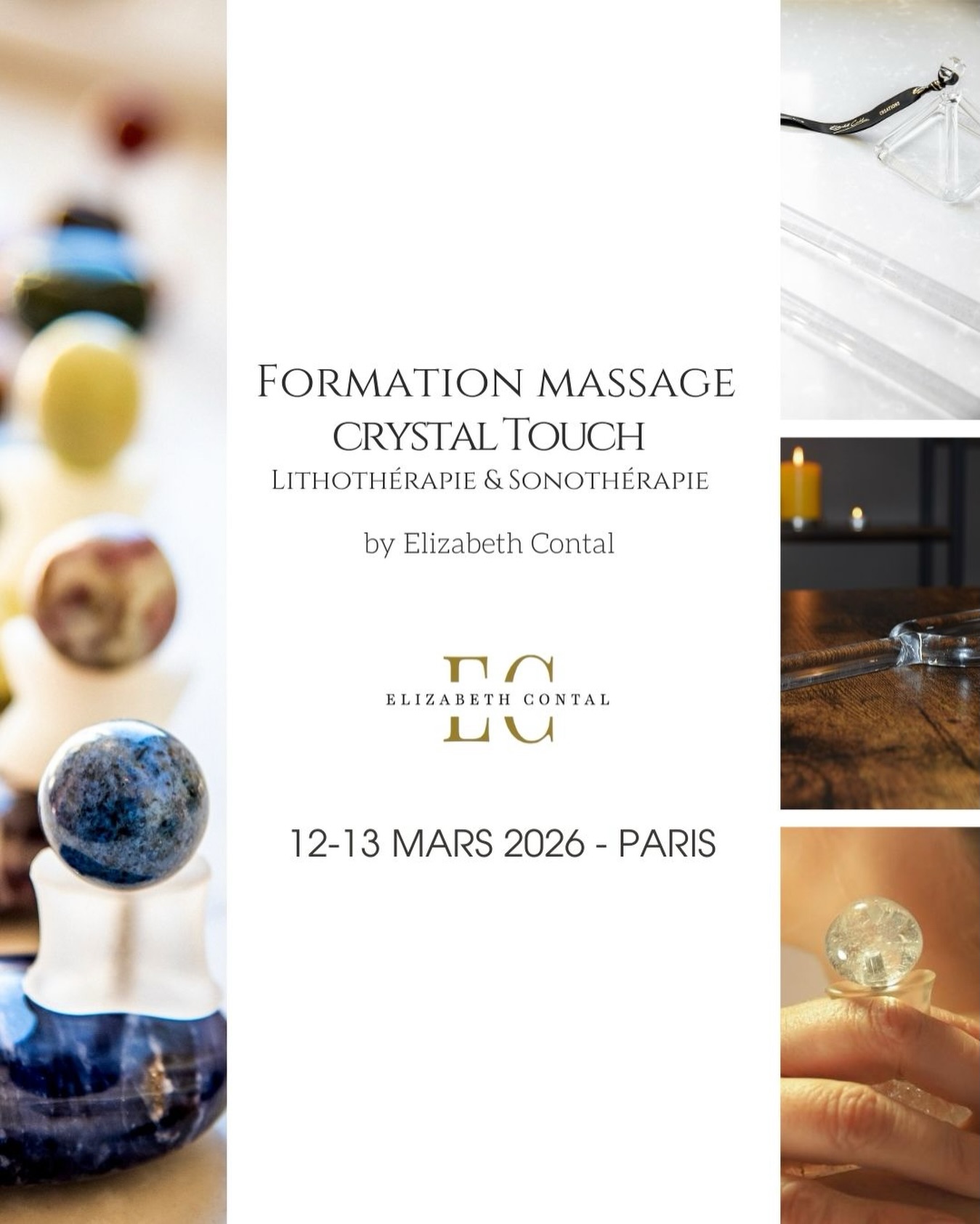🗓️💆🏻♀️Formation Crystal Touch lithothérapie & sonothérapie 12 & 13 mars 2026 à Paris
7 galets - 7 chakras - Lithothérapie - Sonothérapie
Le Crystal Touch est un massage d’intention, celui des pierres.
Il vient toucher le corps physique,et énergétique.
Une expérience unique, sensorielle et thérapeutique.
L’expérience Crystal Touch c’est :
– 1/2 journée de formation en lithothérapie
– 1 jour et demi de formation au protocole de massage Crystal Touch
💠Avec un coffret d’accessoires d’exception :
– 7 galets de massage correspondant aux 7 chakras
– 1 amas de quartz régénérateur
– 70 pierres compagnons qualité gemme
– 1 diapason de sonothérapie en cristal
– 1 pyramide de sonothérapie en cristal
– 1 livret de formation et des fiches chakras
💠Pour vous inscrire ou avoir plus d’informations, contactez-nous directement par message privé ou via les coordonnées ci-dessous:
+33 6 24 62 32 78
elizabeth.contal@gmail.com
Plus d'infos sur : www.elizabethcontal.com
#formationmassage #massagelithotherapie #massageholistique