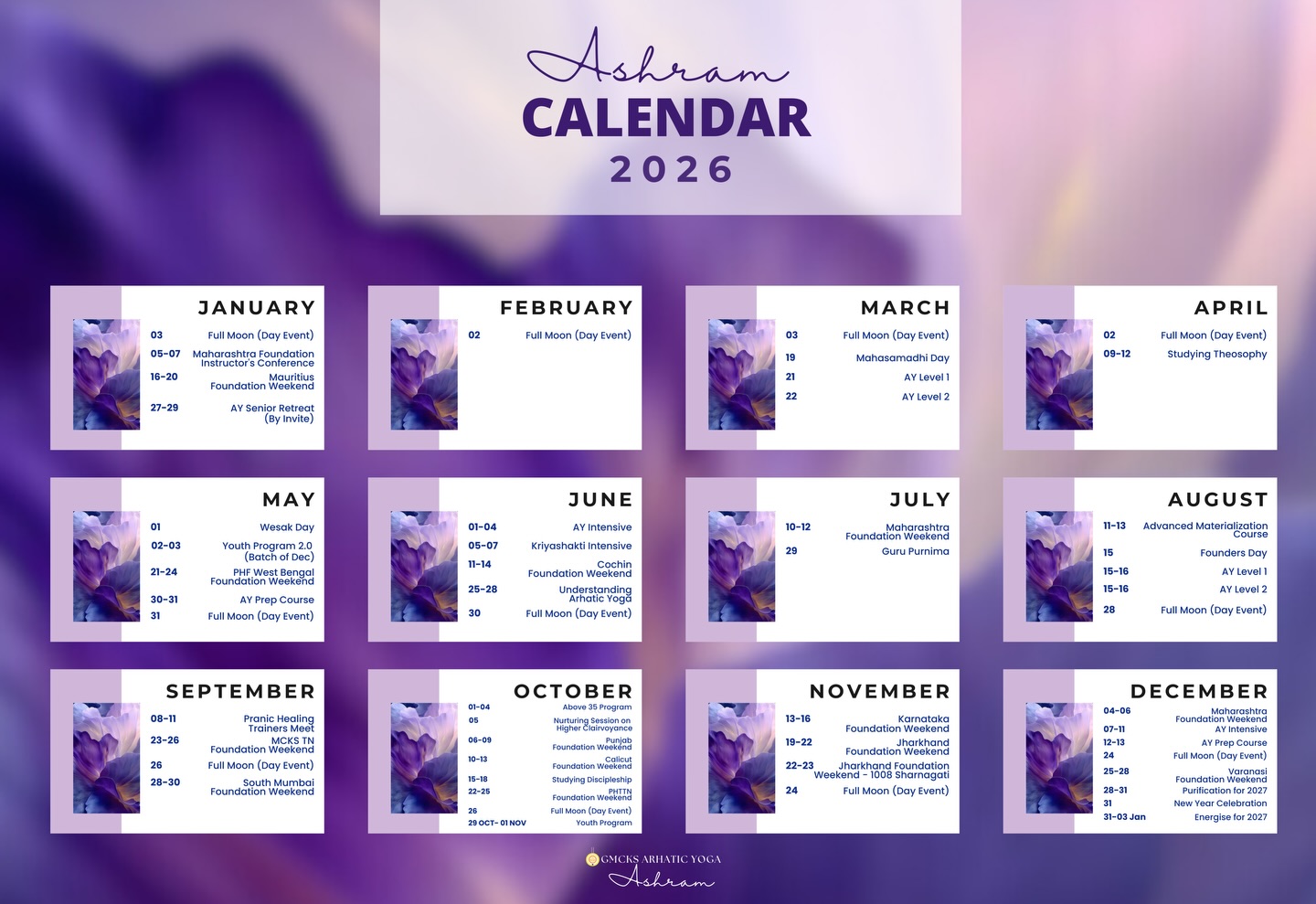 With gratitude and joy, we share our 2026 Calendar 🤍
A year thoughtfully curated to support deeper practice, collective growth, and continued alignment with Master’s teachings.
✨ What 2026 holds for you:
• Sacred retreats and immersive spiritual gatherings
• Opportunities for deeper Arhatic practice and inner refinement
• Collective meditations and powerful group energies
• Spaces for stillness, learning, and conscious connection
• A year anchored in service, unity, and spiritual strengthening
We warmly invite all Arhatic Yogis and spiritual seekers to walk this journey with us ; coming together as one community, one purpose, one Path.
🔗 Event links will be up shortly
📸 Tag your fellow Arhatic Yogis, share this with your spiritual family, and let’s step into 2026 together.
With love, light, and gratitude,
Team Ashram
#gmcks #mcks #gmcksashram #arhaticyoga #pranichealing
