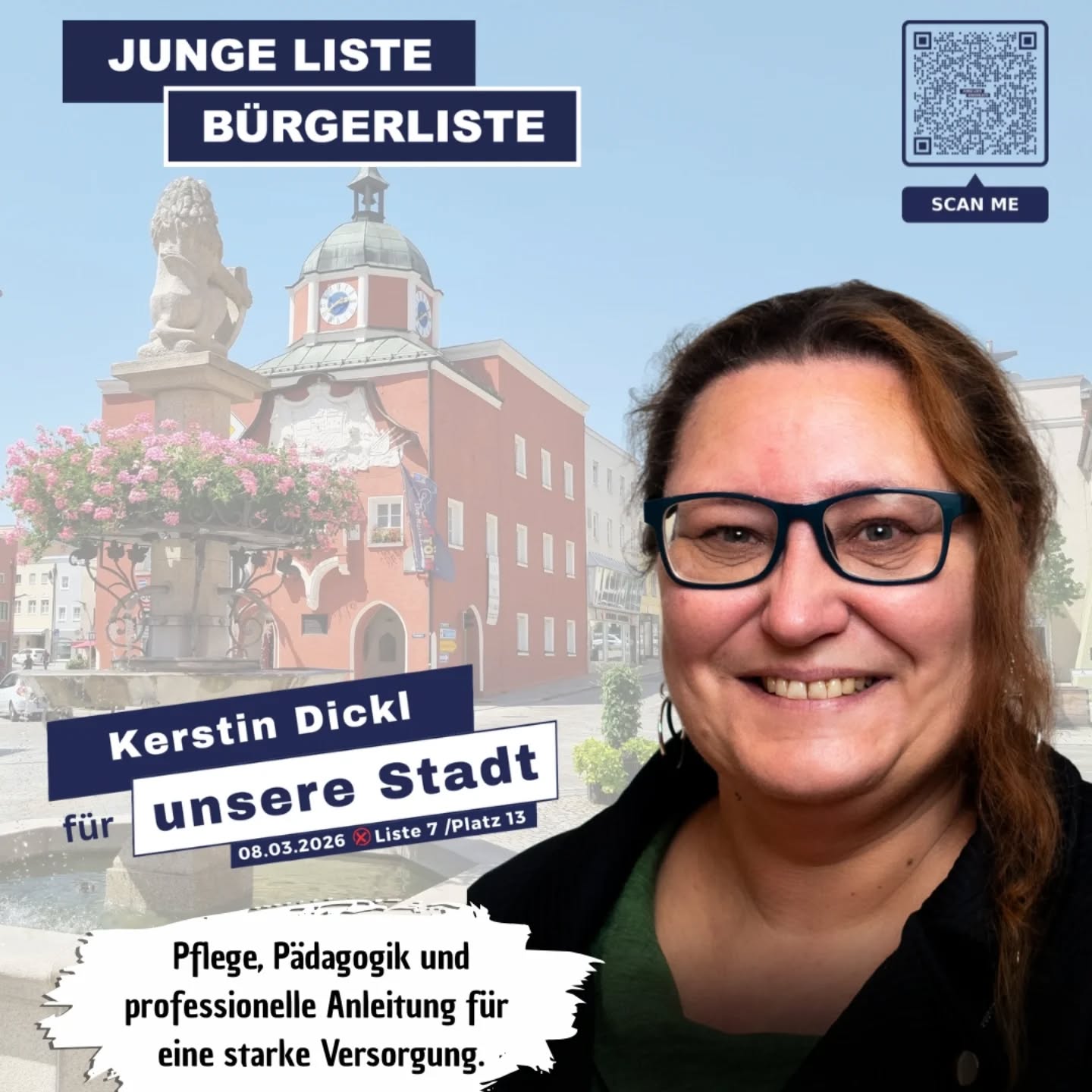 „Pflege, Pädagogik und professionelle Anleitung für eine starke Versorgung.“
Kerstin Dickl setzt sich ein, dass Betreuung, Pflege und Bildung in Pfarrkirchen auf höchstem Niveau bleiben kann.
Lerne unsere Stadtratskandidat*innen kennen! Auf unserer Homepage www.jl-bl.de gibt es alle Infos zu unseren Zielen und Visionen – und alle Termine, bei denen du direkt ins Gespräch kommen kannst. Dein Kontakt zählt!
#kommunalwahl2026 #stadtrat2026 #pfarrkirchen #GemeinsamFürEinLebendigesPfarrkirchen