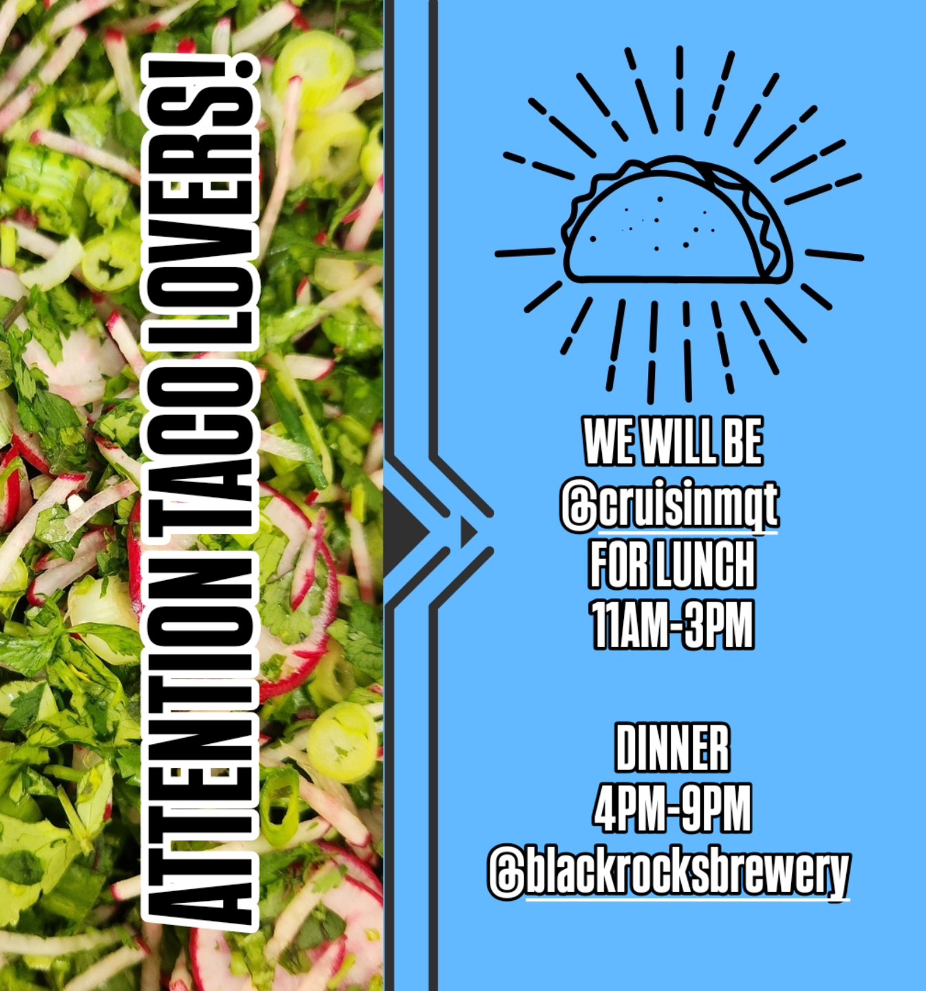 Change of plans for lunch today! Come see us @cruisinmqt
Back to business as usual for dinner tonight @blackrocksbrewery