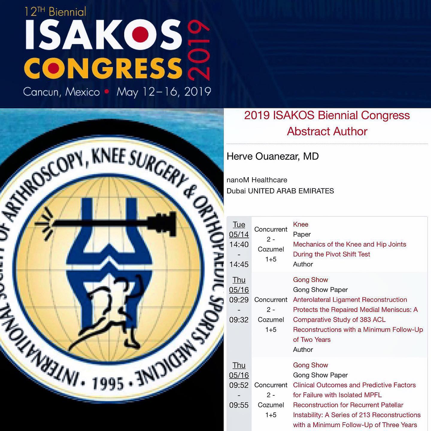Very proud to be coauthor of this 3 papers presented this week at ISAKOS 💪 #kneesurgery #santigroup #emiratessportsmed #hss #isakos2019