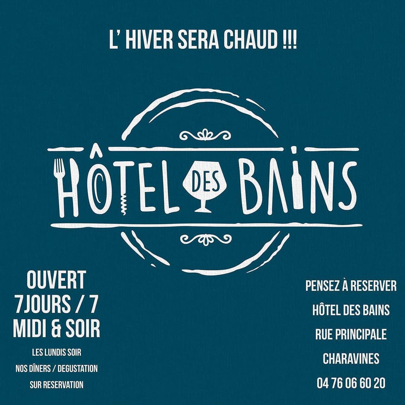 Avis, avis ! Oyez, oyez ! L'hiver arrive ! Winter is coming ! Mais nous serons là pour prendre soin de vous à l’ Hôtel des Bains 7/7 !!! Midi et soir !!
Je dis bien, oui, 7/7, midi et soir !!
À partir du 29 Novembre, le lundi soir sera réservé uniquement à un dîner/dégustation à thèmes autour du vin , animé par Nicolas, notre chef sommelier !!!
La Première soirée : Les Côtes du Rhônes Nord fut un succès et nous vous en remercions.
Visuel @djibanton
