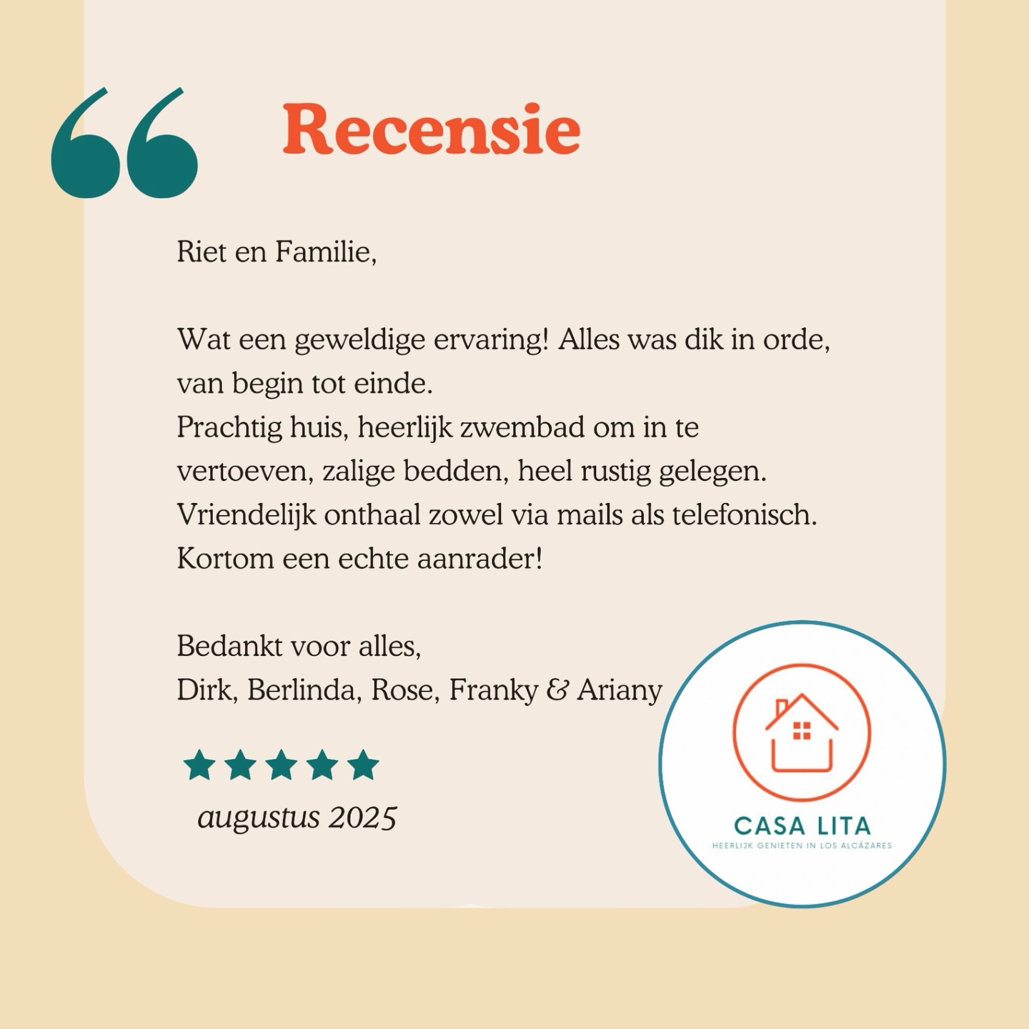 Zeer blij met deze mooie recensie in ons gastenboek!
Indien jullie ook nog willen komen genieten van Casa Lita deze zomer moet je snel zijn, want er is nog maar 1 week vrij. Gelukkig is er nog wel voldoende beschikbaarheid tijdens de andere vakanties!
Misschien tot binnenkort!
#thankful #recentie #Casalita