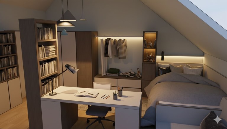 Nový projekt studentského pokoje 🤗 ukazuje atmosféru přes den i večer 🤩 kombinace tmavšího dekoru s modrou a krémovou barvou 😍 těším se na pokračování realizace 😊😊😊 #studentroom #bedroom #home #interiordesign #lovemyjob