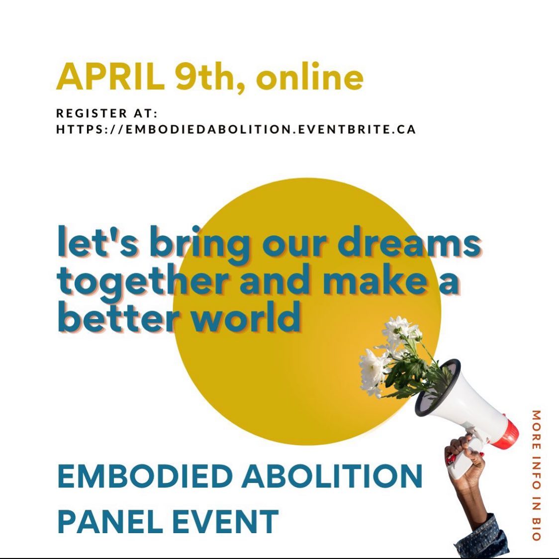 EVENT ALERT❗️ : APRIL 9th
EMBODIED ABOLITION, A WAY TOWARDS CARE-BASED JUSTICE
Through three different panel discussions, this event will explore what does it mean to embody abolition? Rooting into the work of somatic practices, art-making, and care-making within the justice system, the event aims to explore how we can cultivate a justice system that is built on healing and care, rather than punishment and harm.
Please register for FREE (or accepted donation) on the link listed, or visit @snjezana_circlepointwellness for more information.
🌿🌿
#abolition #embodiedabolitionism #antioppression #equityinpractice