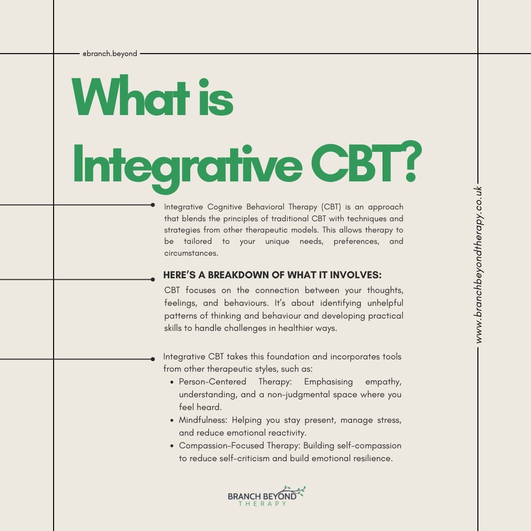 At Branch Beyond Therapy we offer CBT Therapy as well as Integrative CBT Therapy. This gives you control and choice over which approach might be best suited to you. Reach out today to book your free 15-minute consultation call to see if we might be able to good fit to help you in your therapy journey ✨