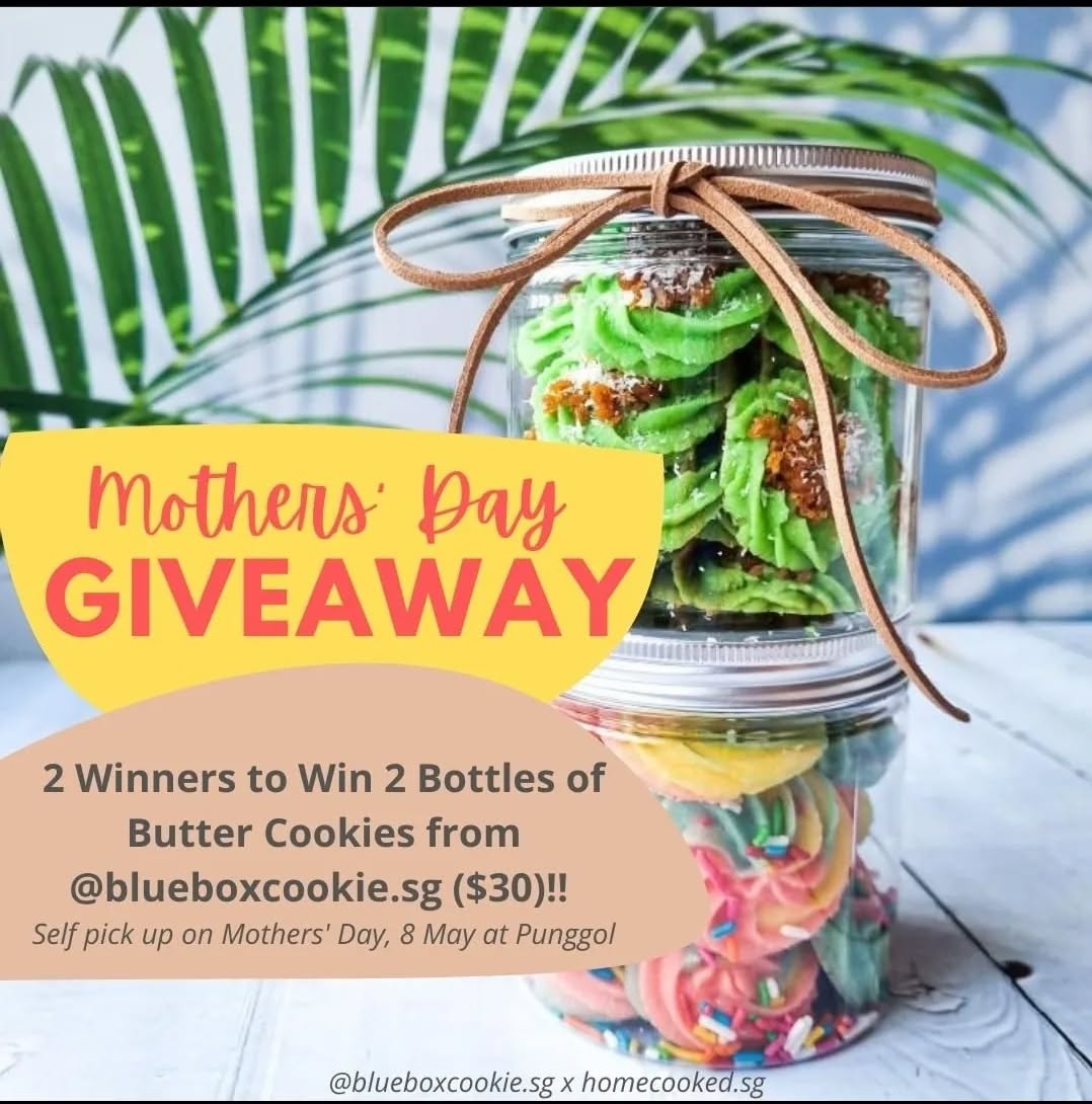 TWO winners to win TWO bottles of butter cookies each for Mother's Day!!
Win TWO bottles of melt in your mouth butter cookies!
Each set contains:
-1 bottle of pandan coconut butter cookies
-1 bottle of rainbow butter cookies
You will have to pick up from Punggol MRT or arrange for a courier on 8th May, after 5pm.
To enter this giveaway:
1️⃣ Follow @blueboxcookie.sg and @homecooked.sg
2️⃣Comment ♥️ so that we know you are participating!
Giveaway ends on 7th May, Saturday, noon. Pick up from 8th May, 5pm.
Share this with your family and friends now!
Enjoy!