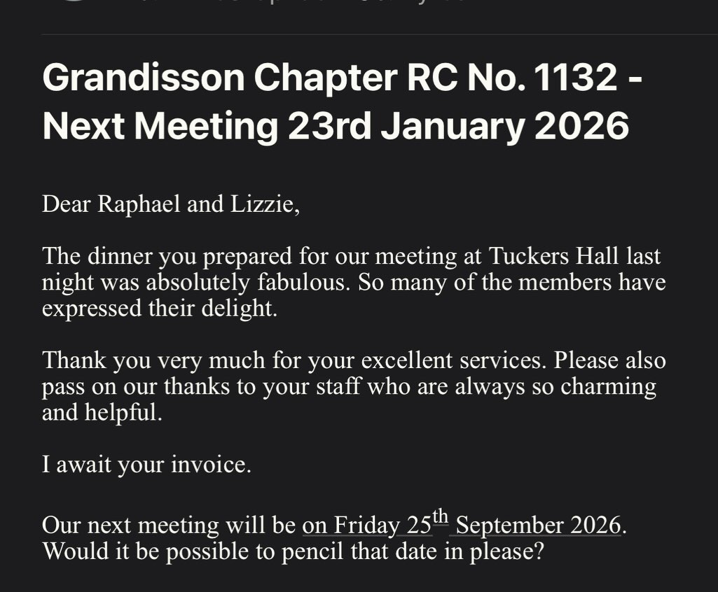 First of the 2026 Tucker’s Hall dinners
Menu
1. Soupe au pistou, bread and butter
2. Pan fried king prawns, leek fundue, crispy shallot, garlic and
parsley butter
3. Fordmore organic beef fillet, lyonnaise potato, roasted carrots,
spinach, red wine jus
4. Rhum and vanilla marinated pineapple carpaccio, lemon
sorbet
5. “Country Cheese” Cheese selection
6. Brewed coffee and mints
#privatecatering #tuckershall #exeter #privatechef #sustainablecatering