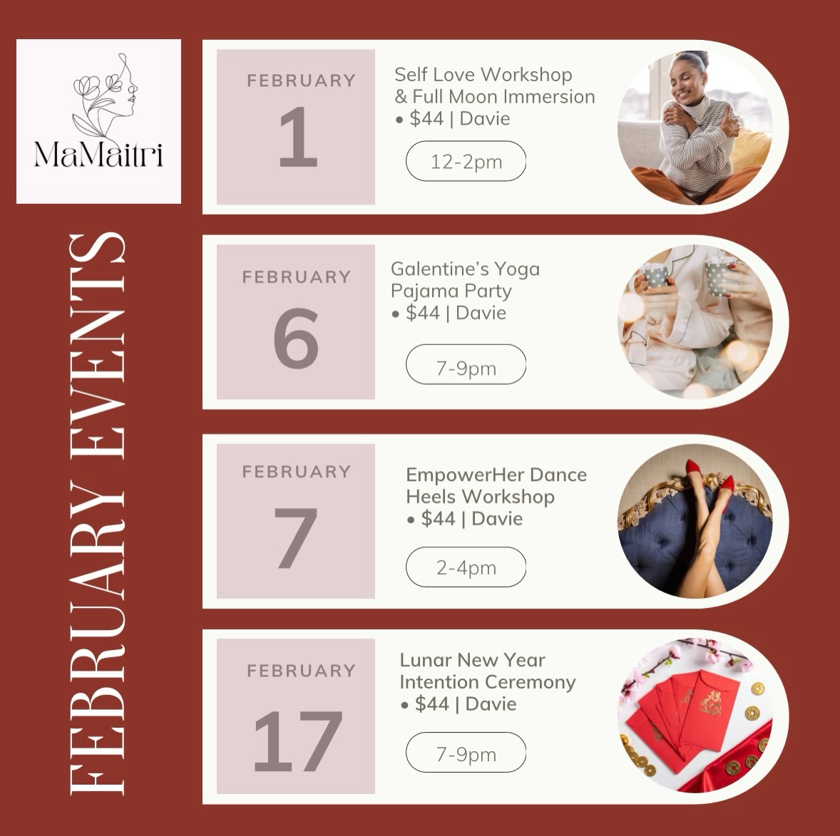 February Events ā„ļø
Check out our upcoming events @alex_mamaitri for WOMBen & @agape_aligned for couples ā„ļø
Itās a month to celebrate love, light & connections!
Join me š
www.mamaitri.com/event
#februaryevents #couplegoals #sisterhood #womenscoach #womensupportingwomen