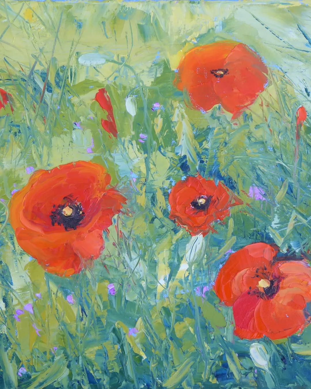 Poppy Field
Oil on canvas.
This painting was inspired by the beauty I saw, walking the South Downs Way, on the edge of a cornfield.
I will be exhibiting it in an art Exhibition, starting 16th -23rd July, in the Physic Garden, Petersfield, Hampshire.
The poppy evokes many emotions, especially rememberance and the hope of a peaceful future. It's blood red petals, remind me of the immeasurable cost of any war, on both sides.
Let us pray for peace in our time, all around the world.
Matthew 5 verse 9. Jesus said,
“Blessed are the peacemakers, for they shall be called sons of God."
Blessed means, spiritually at peace with God, filled with deep holy joy, living in God's favour.
#poppy #peace #remberance #peacemaker
#poppyfields #oilpaintings #painting #peace #artist #artistsoninstagram #artist #southdownsnationalpark #South Downs #cornfield #womenartists #royallegion #ukrainewar #nato #unitednations