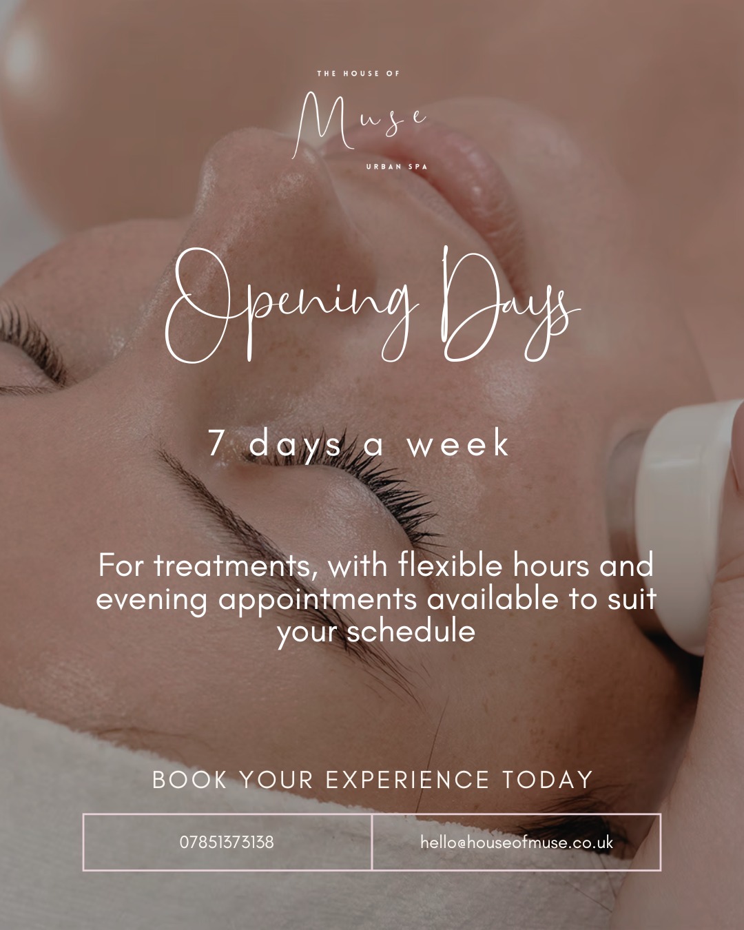 Our opening hours 🤍
The House of Muse is open 7 days a week for treatments, with flexible scheduling and evening appointments available to suit your lifestyle ✨