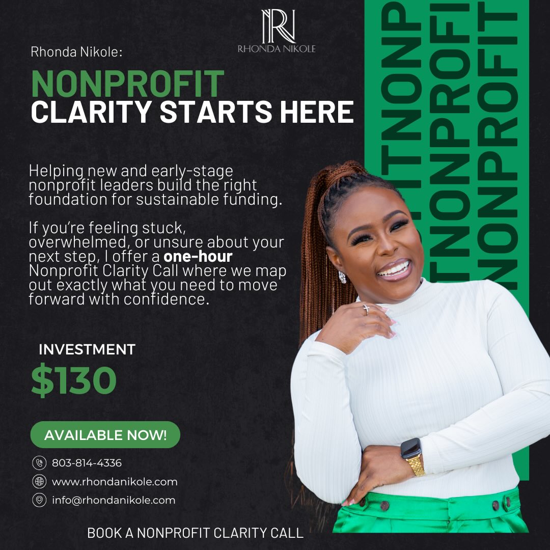 Hey friends, I’m Rhonda, nonprofit Founder and Executive Director.
In five years, I’ve generated $300,000+ in funding without prior nonprofit or grant writing experience.
I help early-stage nonprofit leaders gain clarity, build strong foundations, and prepare for funding.
If you’re feeling stuck, my Nonprofit Clarity Call helps you identify your next right step.
🔗 Link in BIO!
Comment CLARITY if you’re thinking about launching a nonprofit but don’t know where to begin.