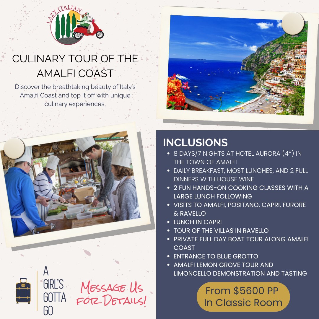 🌊🍋 Italy is calling... and the Amalfi Coast is answering. 🇮🇹✨
Picture dramatic cliffs tumbling into the Mediterranean, lemon groves perfuming the air, sun-washed villages like Positano and Ravello, and long, laughter-filled meals with local wine flowing freely. This unforgettable Culinary focused Amalfi Coast tour with Lazy Italian is the perfect blend of culture, cuisine, and coastal adventure.
8 Day/ 7 Night Tour Highlights Include:
🚤 A private boat day to Capri (with Blue Grotto entrance!)
🍝 Hands-on cooking classes under lemon groves and overlooking the sea
🍷 Winery visits, guided village tours & iconic coastal views
🏖️ Leisure time to shop, swim, wander and truly live la dolce vita
From Amalfi to Positano to Ravello, every day is thoughtfully curated and filled with moments you'll be talking about long after you return home.
💙 Spots are limited. Dive into the full itinerary and pricing details on the blog and see why this Italian escape is pure magic. 👉 Read the full blog, message us & reference "Lazy Italian" to reserve your spot today
https://www.agirlsgottago.com/post/culinary-tour-of-the-amalfi-coast-with-lazy-italian
#TravelInStyle #TKO #LazyItalian #CulinaryTour #Amalfi #ItalianCulinary #Italy