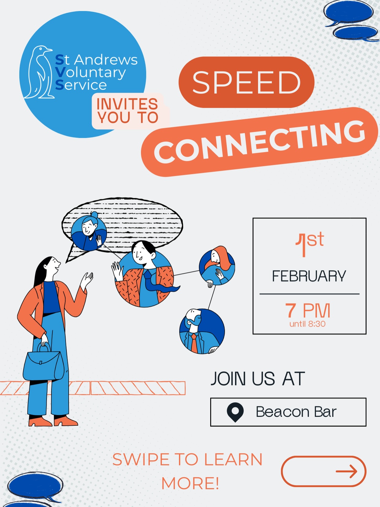 Fancy a sip and chat?🍷 💬
We are thrilled to announce the perfect SVS event to kick off the new year!
Speed Connecting will allow any of you who are interested in volunteering with us to chat with current volunteers and members of our team. It will be a great chance for you to ask any questions, sign up for new projects, learn more about SVS and the organizations we work with, and of course to socialise with fellow volunteers!
BONUS: we will be offering wine🍷
We can’t wait to see you all there!