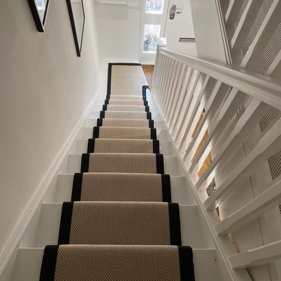 Brockway Gatsby stair runner edged with cotton tape recently installed in local London home.