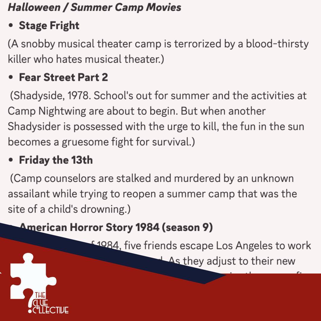 We're deep in the research phase for a new mystery theme #HalloweenSummerCamp. We started with #TheFinalGirls and are well into #AHS1984 - what are you #SpookyHalloween #SummerCamp movie or TV recommendations?
#TheClueCollective #MurderMysteryParty #MurderMysteryShow