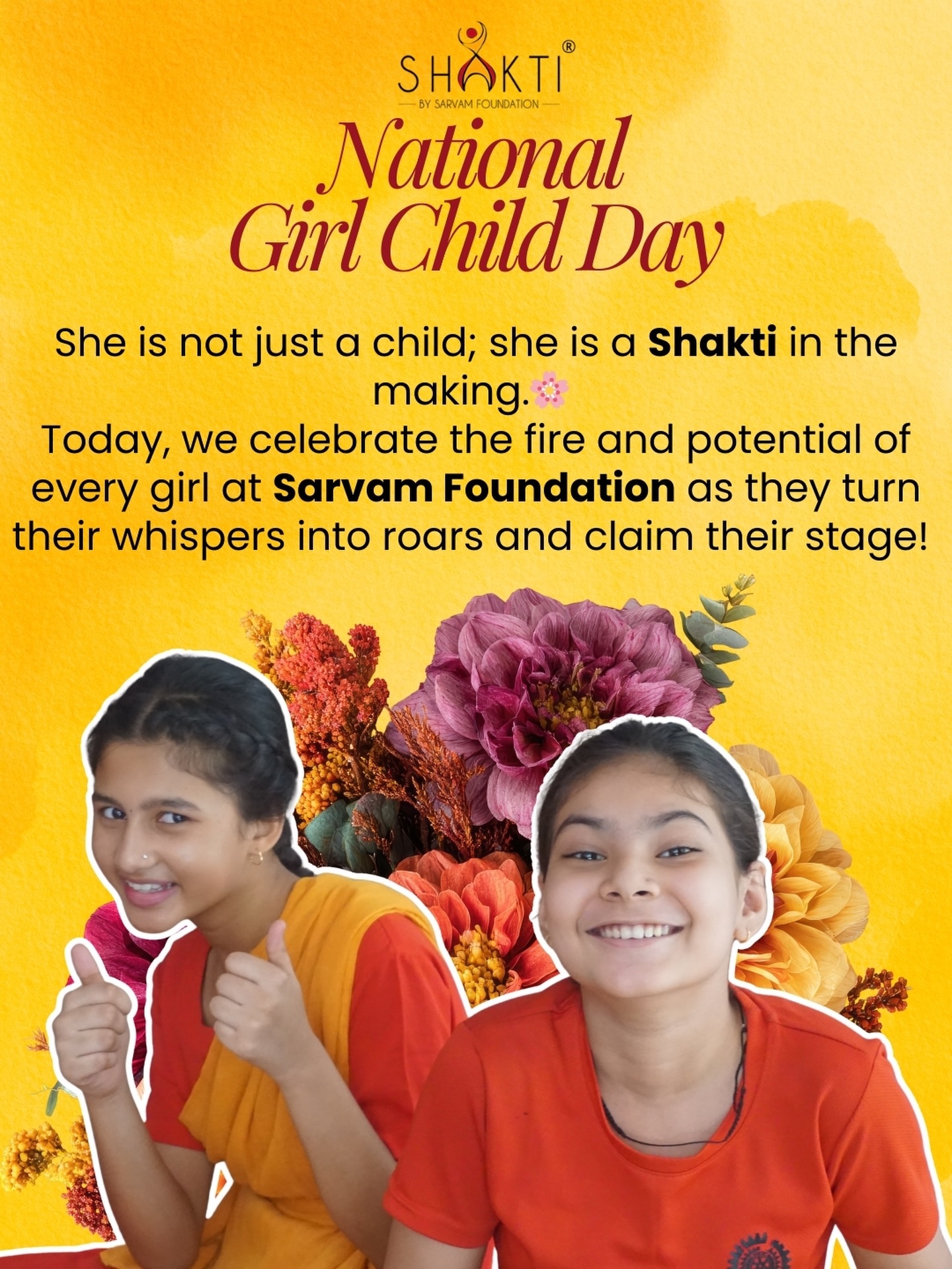 She is not just a child; she is a Shakti in the making.”🦁✨
On National Girl Child Day, we celebrate the fire, the resilience, and the limitless potential of every girl at Sarvam Foundation. For us, empowerment isn’t just a word—it is the daily practice of turning a whisper into a roar.
Through Shakti Sadhna (the discipline of dance), Shakti Speak (the confidence of language), and Shakti Siksha (the power of technology), we are ensuring that our Shaktis don’t just dream of a better future—they build it. Today, we reaffirm our promise to provide the holistic foundation every girl needs to claim her stage and turn the handle toward her own extraordinary destiny.
Happy National Girl Child Day to the heartbeats of our society! 🌸💪
#NationalGirlChildDay #SarvamFoundation #ShaktiRising