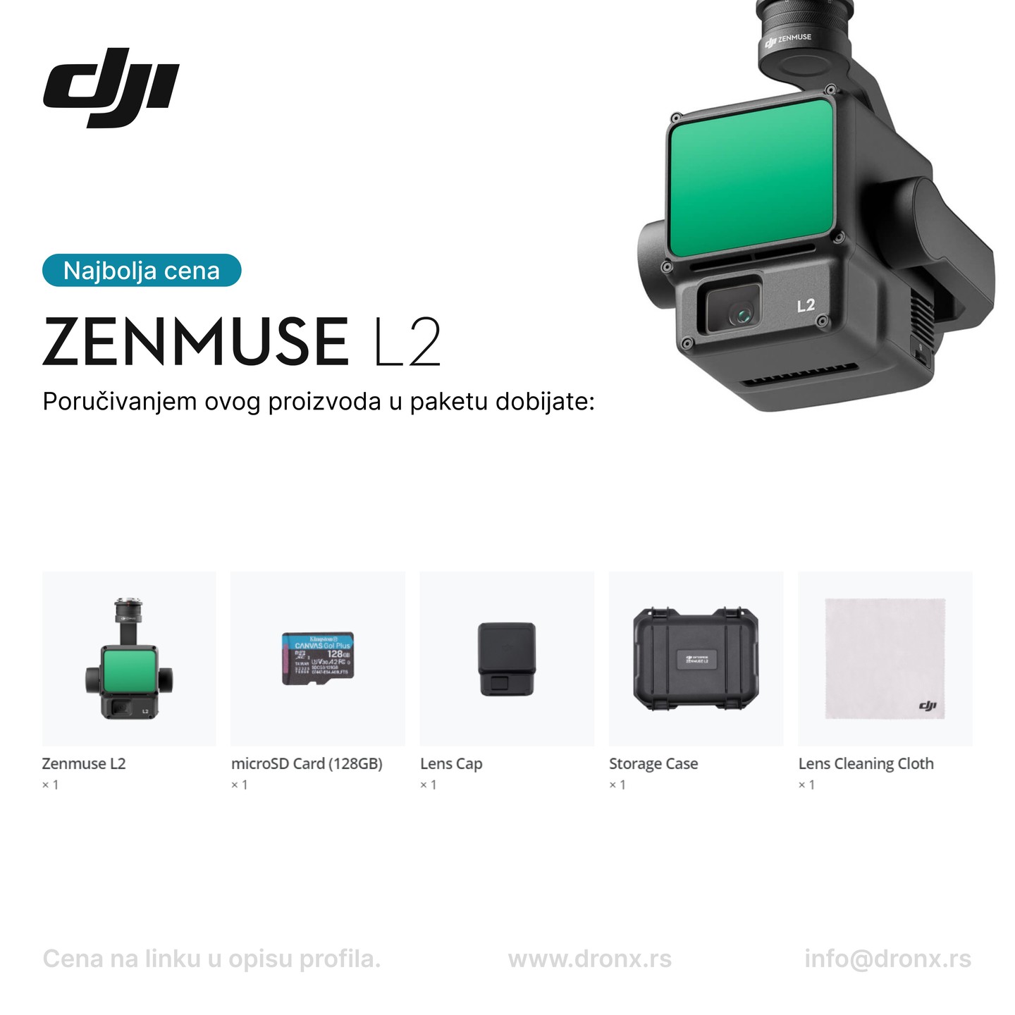 DJI Zenmuse L2
💰U opisu profila imate link na kom mozete da pogledate sve CENE dronova i opreme, tako će vam biti najlakše da pogledate/uporedite sve što vas zanima. Za sva dodatna pitanja nam slobodno pišite ili nas pozovite.
✅ Prodaja DJI Enterprise dronova i dodatne opreme direktno od ovlašćenog distributera.
📦 Proizvodi su poslati direktno iz fabrike, u originalnim kutijama i vi ih prvi otvarate.
🔍 Budite slobodni da pitate sve što vas zanima, svaki vid dogovora je moguć.
👍 Zapratite nas na društvenim mrežama kako biste ispratili sva dešavanja i povoljnosti koje nudimo.
DRONX DOO
DJI Enterprise Beograd
Adresa: Aviv Park, 11050 Zvezdara, Beograd
Mobilni: +381692421857
Mail: info@dronx. rs
IG: @dronx.prodaja prodaja i @dronx.usluge i @share_uav_cameras
RADNO VREME:
Radnim danima i vikendom od 08:00 - 20:00h
Specifikacija proizvoda:
Specs
General
Product Name
Zenmuse L2
Dimensions
155×128×176 mm (L× W× H)
Weight
905±5 g
Power
28 W (typical)
58 W (max. )
IP Rating
IP54
Supported Aircraft
Matrice 300 RTK (requires DJI RC Plus)
Matrice 350 RTK
Storage Temperature
-20° to 60° C (-4° to 140° F)
System Performance
Detection Range
450m @50% reflectivity, 0 klx
250m @10% reflectivity, 100 klx
Point Cloud Rate
Single return: max. 240,000 pts/s
Multiple returns: max. 1,200,000 pts/s
System Accuracy
Horizontal: 5 cm @ 150 m
Vertical: 4 cm @ 150 m
Real-Time Point Cloud Coloring Coding
Reflectivity, Height, Distance, RGB
LiDAR
Ranging Accuracy (RMS 1σ )
2 cm @ 150 m
Maximum Returns Supported
5
Scanning Modes
Non-repetitive scanning pattern, Repetitive scanning pattern
FOV
Repetitive scanning pattern: Horizontal 70° , Vertical 3°
Non-repetitive scanning pattern: Horizontal 70° , Vertical 75°
Minimum Detection Range
3 m
Laser Beam Divergence
Horizontal 0.2 mrad, Vertical 0.6 mrad
Laser Wavelength
905 nm
Laser Spot Size
Horizontal 4 cm, vertical 12 cm @ 100 m (FWHM)
Laser Pulse Emission Frequency
240 kHz
Laser Safety
Class 1 (IEC 60825-1:2014)
Accessible Emission Limit (AEL)
233.59 nJ
Reference Aperture
Effective Aperture: 23.85 mm (equivalent to circular)
Max Laser Pulse Emission Power Within 5 Nanoseconds
46.718 W