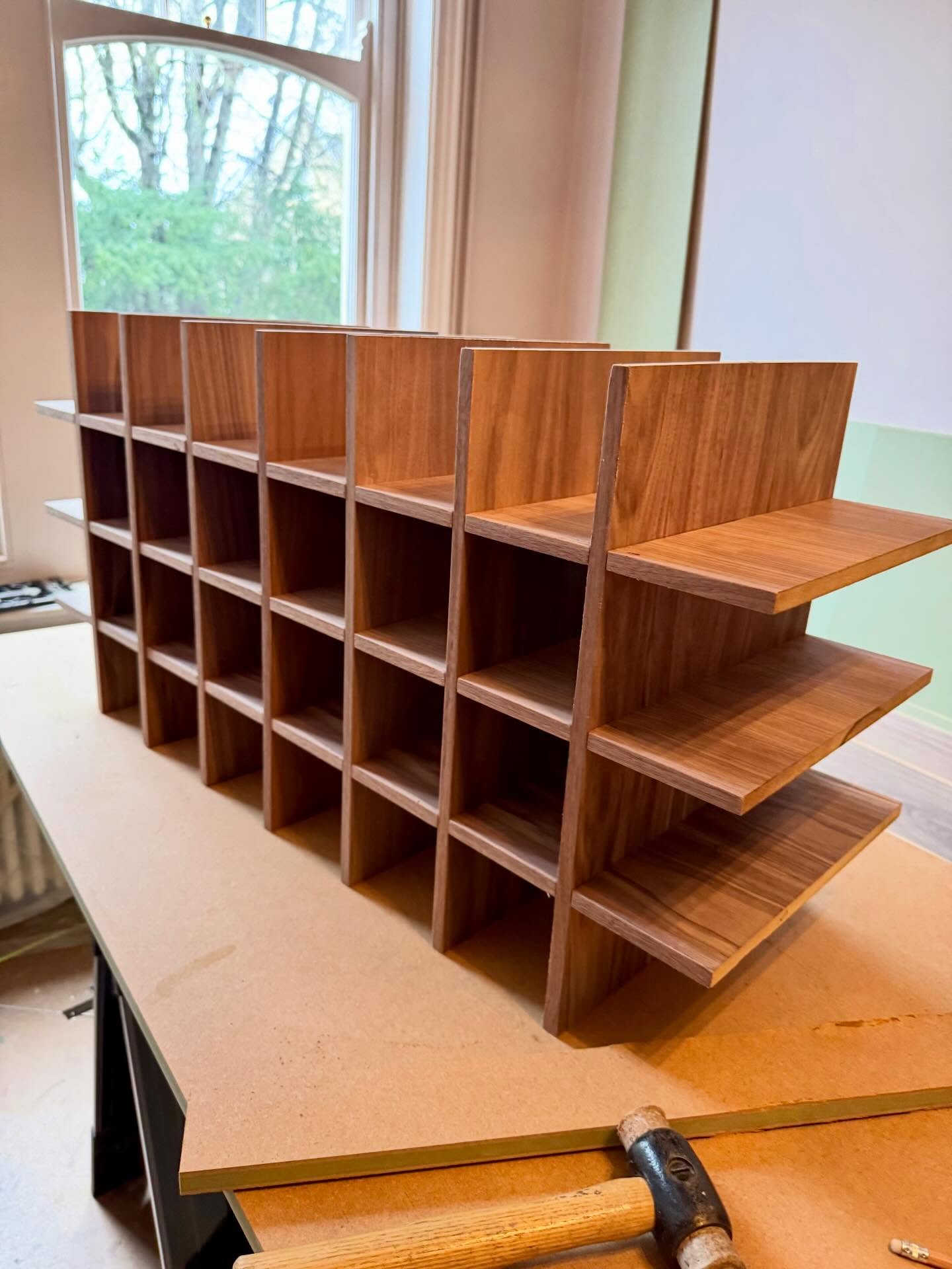Just some 'action shots' of a walnut veneered wine rack being made, it's part of a larger kitchen unit that's we've been building over the last few weeks. Really pleased with the whole project and how it's turned out. All wrapped up today, decorators/electricians in next week and then proper pics to follow! Lovely stuff #bathuk #wine #joinery #kitchen #walnut