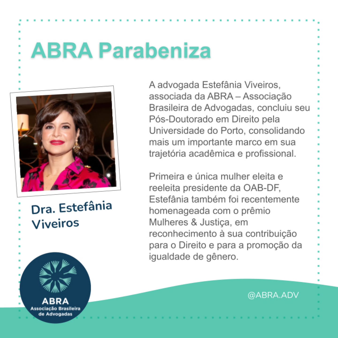 Conquista acadêmica e liderança feminina
A advogada Estefânia Viveiros, associada da ABRA – Associação Brasileira de Advogadas, concluiu seu Pós-Doutorado em Direito pela Universidade do Porto, consolidando mais um importante marco em sua trajetória acadêmica e profissional.
Primeira e única mulher eleita e reeleita presidente da OAB-DF, Estefânia também foi recentemente homenageada pela ABRA com o prêmio Mulheres & Justiça, em reconhecimento à sua contribuição para o Direito e para a promoção da igualdade de gênero.
A ABRA parabeniza Estefânia Viveiros por mais essa conquista, que fortalece a advocacia brasileira e inspira novas lideranças femininas.
Leia mais: www.abra.adv.br ( link na bio)