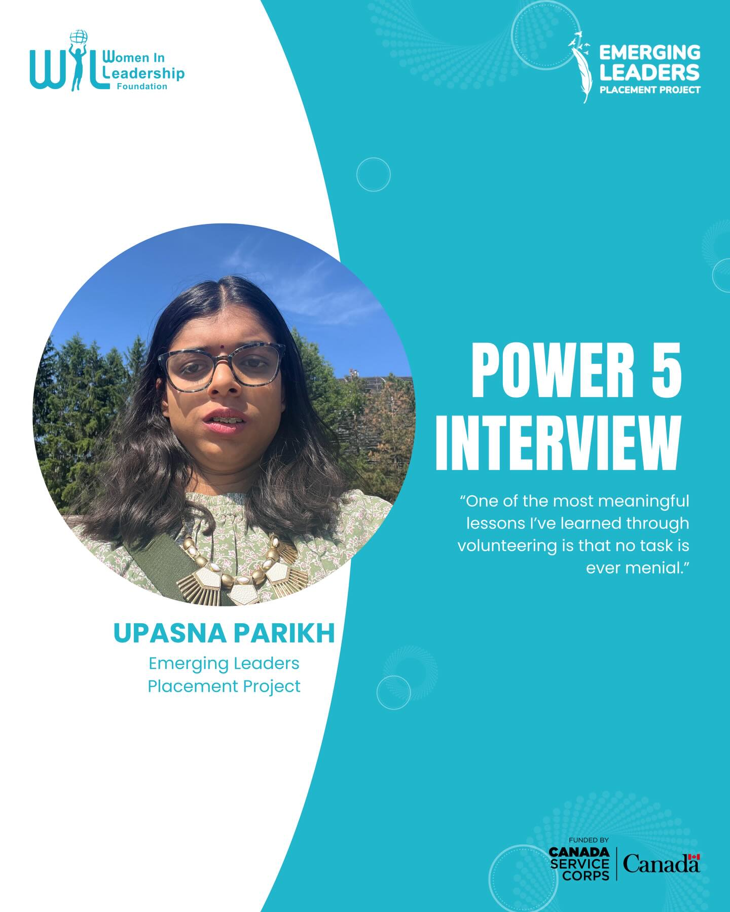 Meet Upasna Parikh, one of our inspiring Emerging Leaders volunteers! 🌟
Upasna shared one of the most meaningful lessons she’s learned through volunteering: “No task is ever menial.” She believes that every action, no matter how small, contributes to real impact and meaningful change.
📧 Reach out to us at leaders.wil@gmail.com to get involved
🔗 Read Upasna’s full interview through our link in bio under “Blog”
Proudly funded by Canada Service Corps
#EmergingLeaders #YouthLeadership #CanadaServiceCorps #LeadersToday #YouthInCanada