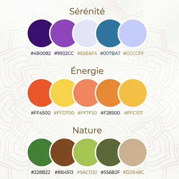 Choisir une palette de couleurs en fonction de ses besoins énergétiques?
Oui c'est possible et ça marche!
Besoin de calmer le stress? essayez un des bleus/violet de la palette "sérénité"
Besoin d'un coup de boost? Essayez une couleur chaude de la palette "énergie"
Besoin de se relier aux racines, besoin de sécurité, d'ancrage? Essayez une couleur de la palette "nature"
à porter sur soi en conscience pour activer l'action sinon ça ne marche pas !!!
Vous avez déjà essayé? Merci de me dire en commentaire ce qui fonctionne déjà pour vous avec les couleurs