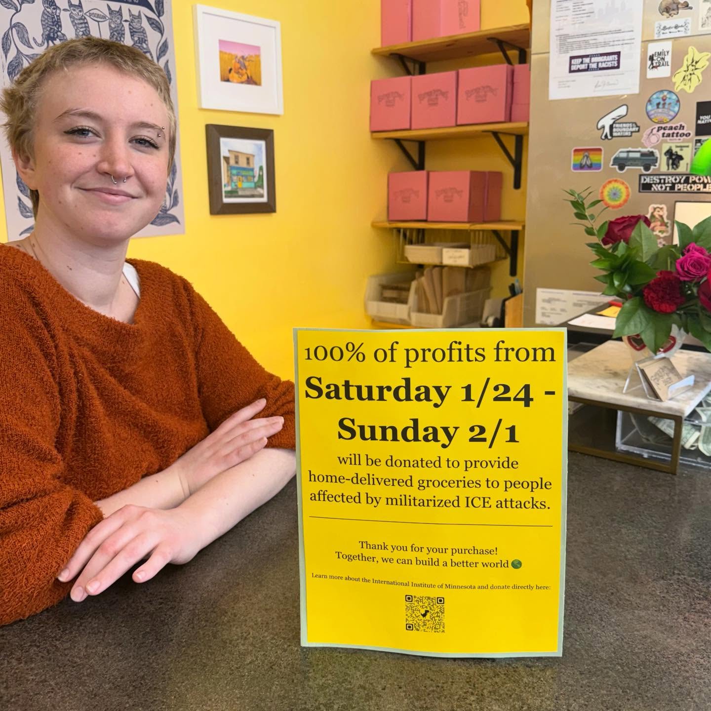 100% of profits from this Saturday 1/24 through next Sunday 2/1 will be donated to provide home-delivered groceries to people affected by militarized ICE attacks. Learn more or donate directly in bio.
Together, we will build a better world 🌎💛