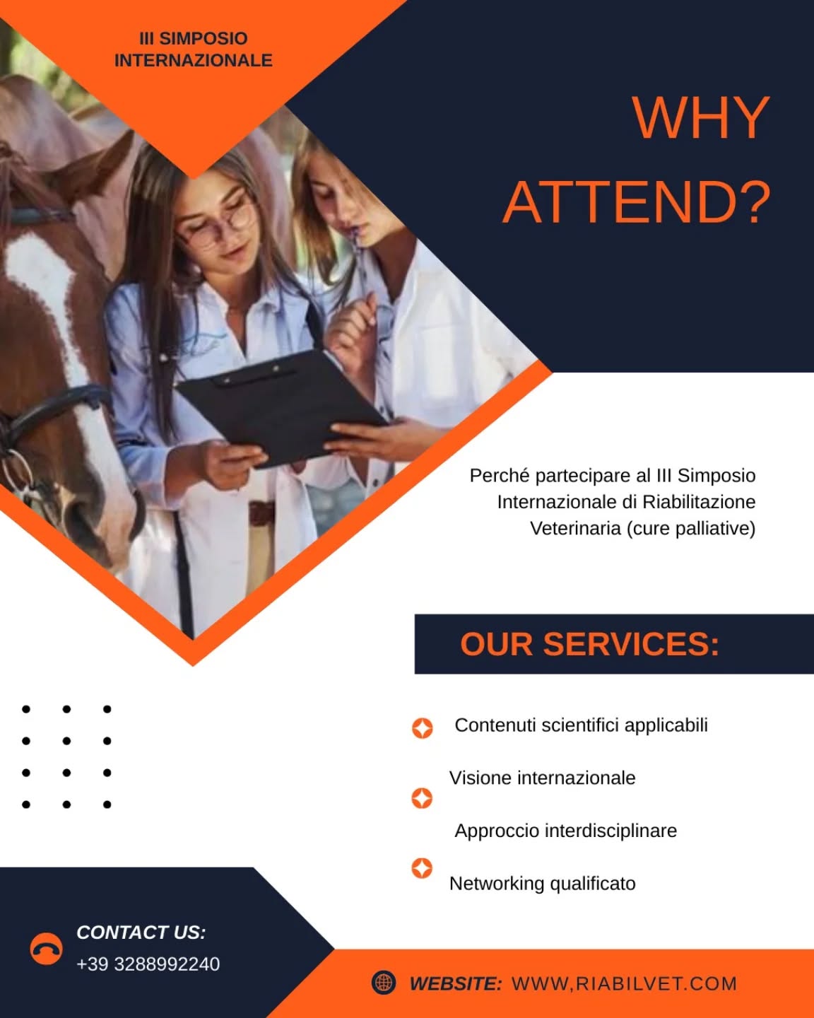 🎯 Perché partecipare al III Simposio Internazionale di Riabilitazione Veterinaria
Partecipare a un congresso non significa solo aggiornarsi.
Significa fare un passo avanti nella propria pratica clinica.
Ecco perché il III Simposio Internazionale Riabilvet fa la differenza:
🔬 Contenuti scientifici applicabili
Approcci basati sull’evidenza, pensati per essere trasferiti nella pratica quotidiana, non solo teoria.
🌍 Visione internazionale
Relatori e professionisti provenienti da diversi Paesi condividono esperienze, protocolli e punti di vista clinici differenti.
🧠 Approccio interdisciplinare
La riabilitazione veterinaria come parte integrante della gestione globale del paziente, dal dolore alla qualità della vita.
🛠️ Workshop pratici
Per trasformare le conoscenze in competenze concrete.
🤝 Networking qualificato
Un ambiente scientifico selezionato, che favorisce il confronto, la collaborazione e nuove opportunità professionali.
📍 Un’esperienza in presenza
Tre giorni dedicati allo studio, al dialogo e alla crescita, in un contesto che valorizza il contatto umano e professionale.
📌 Il III Simposio Internazionale di Riabilitazione Veterinaria è pensato per:
medici veterinari
tecnici veterinari
professionisti interessati alla riabilitazione e alla medicina integrata
👉 Seguici per scoprire relatori, workshop e programma scientifico
👉 Salva questo post se stai pianificando il tuo aggiornamento professionale
👉 Condividilo con chi crede nella formazione di qualità
📍 Roma
📅 30.10 – 02.11.2026