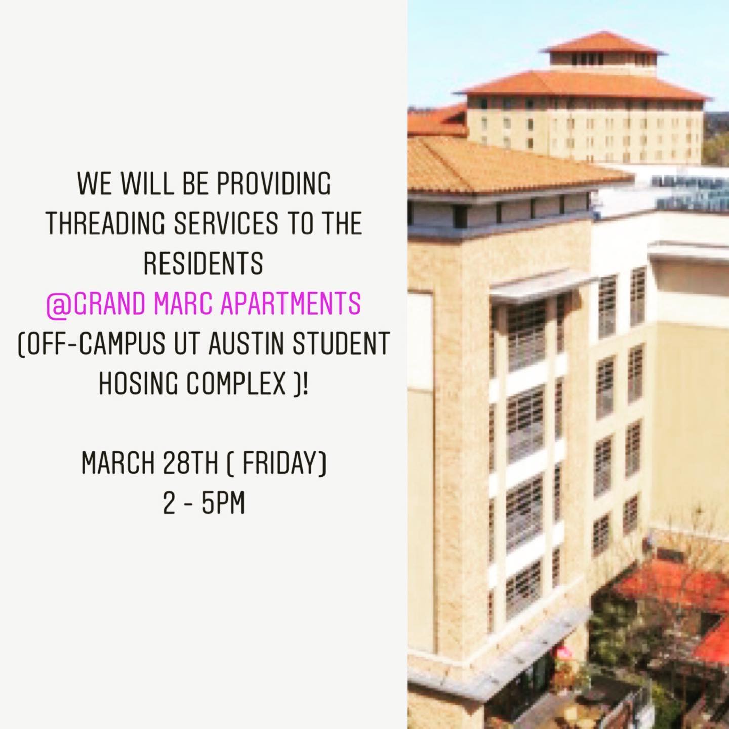 @emathreading is looking forward to be providing our threading service @gm_austintx (Grand Marc)Off-campus student housing. -
-
-
#utstudents #utstudenthousing #austineyebrows #austintx #austintx #austin360 #austinwellness #austinblogger #austineyebrows #austintattoo #drippingspringstx #austinfashion #austinselfcare #womenentrepreneurs #womenempowerment #austinappartments #austinresidencecomplex #healthylifestyle #utaustin #quick #easy #organic