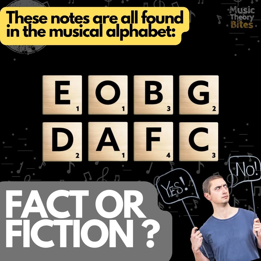Tell us if it's #FactorFiction
"These notes are all found in the musical alphabet: (scattered letters) A B C D E F G and O"
Sooo... is it fact or fiction? Do you know? Comment below!
#musicalnotes #musictheorybites #musicalalphabet