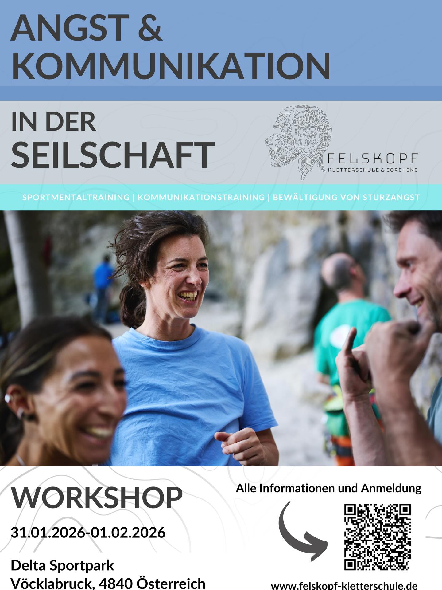 ANGST und KOMMUNIKATION in der Seilschaft - unser neues Workshopformat für Seilschaften mit Sturzangst.
Am 31.01. und 01.02.2026 im Delta Sportpark, Vöcklabruck.
🗿🗿🗿 Zur Buchung geht’s auf www.felskopf-Kletterschule.de 🗿🗿🗿
Das Ziel des Kurses besteht darin, die Teilnehmer*innen in den Grundlagen eines tiefer gehenden Sportmentaltrainings zu schulen und einen Raum zu bieten, in dem einzelne und Seilschaften lernen können, mit Angst als Sache der Seilschaft umzugehen.
Es geht darum, den Teilnehmer*innen zu ermöglichen, ihre subjektive Wahrnehmung von Gefahr an die objektiv vorliegenden Risiken in einer Situation anzupassen und in der Seilschaft eine Art von Kommunikation einzuüben, in der Angst nicht nur Thema sein darf, sondern durch ein gutes Miteinander regulierbar wird. Es geht um Vermittlung von Wissen, Kompetenz und Selbsterfahrung.
Kursinhalte
* Psychologische Grundlagen zum Thema Angst
* Kommunikationstraining zum Thema Angst
* Grundlagen des sportpsychologischen Mentaltrainings
* Sturz- und Sicherungstraining speziell angepasst für Seilschaften mit Sturzangst
* Selbsterfahrung beim Klettern
Voraussetzungen
Du solltest bereits sicher im Vorstieg in der Halle klettern und sichern können. In welchem Grad du unterwegs bist, ist dabei egal.
Termin: 31.01.2026 - 01.02.2026, Samstag: 9:00-17:00 Uhr, Sonntag: 9:00-16:00 Uhr
Veranstaltungsort: Delta Sportpark, 4840 Vöcklabruck, Österreich
Teilnahmegebühr: 280,00 Euro pro Person (exklusive Halleneintritt)
Kursleitung
Dr. Steven Kindley, systemischer Berater & Sportmentaltrainer
Stefan Först, Kletter- und Bouldertherapeut, Yogalehrer, Mentaltrainer, Dozent an der Akademie für Gesundheits- und Pflegeberufe der Uniklinik Erlangen
#felskopf_kletterschule
#tryhardstaysoft
#klettern
#climbing
#bouldern