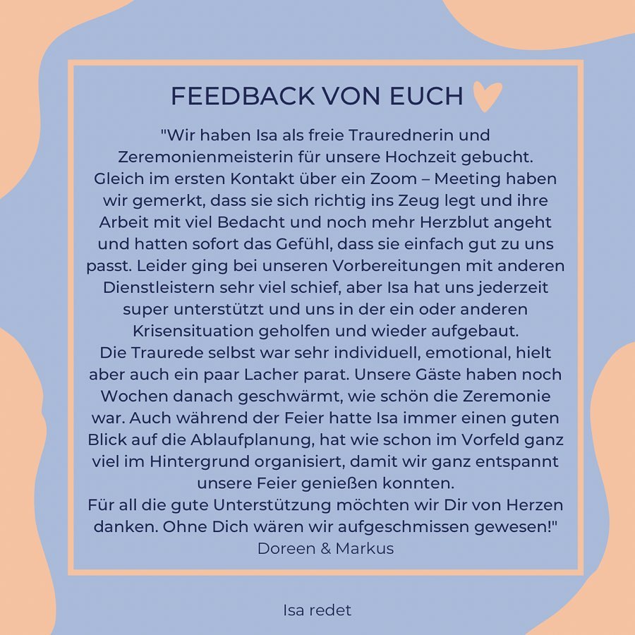 💬 „Isa, können wir irgendwie Danke sagen?“ - Tatsächlich kommt diese Frage häufig nach einer Zeremonie. Das freut mich natürlich, aber selbstverständlich müsst Ihr mir nie etwas schenken oder Euch darüber den Kopf zerbrechen. ☺️ Das größte Kompliment für mich ist eine gute Bewertung. Wenn Ihr zufrieden wart, schreibt mir gern eine Google-Rezension oder schickt ein paar Zeilen für meine Webseite. Denn dann erfahren mehr Menschen von meiner Arbeit und für mich als One-Woman-Show ist diese Sichtbarkeit enorm wichtig. Das gilt natürlich auch für alle anderen Dienstleister*Innen, mit denen Ijr zusammengearbeitet habt. Ich freue mich jedes Mal über liebe Worte, selbst wenn Eure Zeremonie schon etwas her ist.
Heute dürfen hier Doreen & Markus zu Wort kommen. Wir hatten eine aufregende Reise hinter uns, die mich sehr berührt hat. Danke für diese tolle Bewertung. 💙
Soll ich hier mehr Feedback teilen?
.
.
.
#freierednerin #freiezeremonie #freietrauung #hochzeit #supportsmallbusiness #fempreneur #love #thankyou #wirheiraten #brautstrauß #realwedding #weddinginspo #inspo #weddingdress #hochzeitskleid #hochzeitsinspo #verlobt #heirateninhessen #customerappreciation #review #feedback #heirateninderpfalz #darmstadt #hessen #isaredet