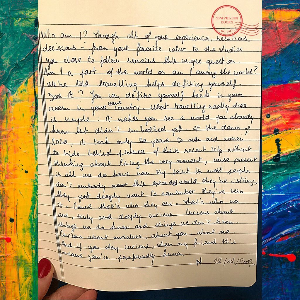 “Who am I? Through all of your experiences, relations, decisions - from your favourite colour to the studies you chose to follow, remains this unique question.
Am I a part of the world or am I among the world?
We’re told travelling helps defining yourself. Does it? You can define yourself back in your dream in your home country. What travelling really does is simple: it makes you see a world you already know but didn’t embodied yet. At the dawn of 2020, it took only 20 years to men and women to hide behind pictures of their recent trip without thinking about living the very moment, cause present is all we do have now. My point is most people don’t embody this external world they’re visiting, they just deeply want to remember they’ve seen it. Cause that’s who they are. That’s who we are, truly and deeply curious. Curious about things we do know and things we don’t know. Curious about ourselves, about you, about me. And if you stay curious, then my friend this means you’re profoundly human.” By N., a traveler - 22/12/2019 .
.
.
.
#travel #thoughts #philosophy #people #peoplewords #community #toronto #humans #deplyhumans #travelers #travelstories #hostel #hostels #traveling #stories #love #travelingbooksproject #quarantine #quarantinestories