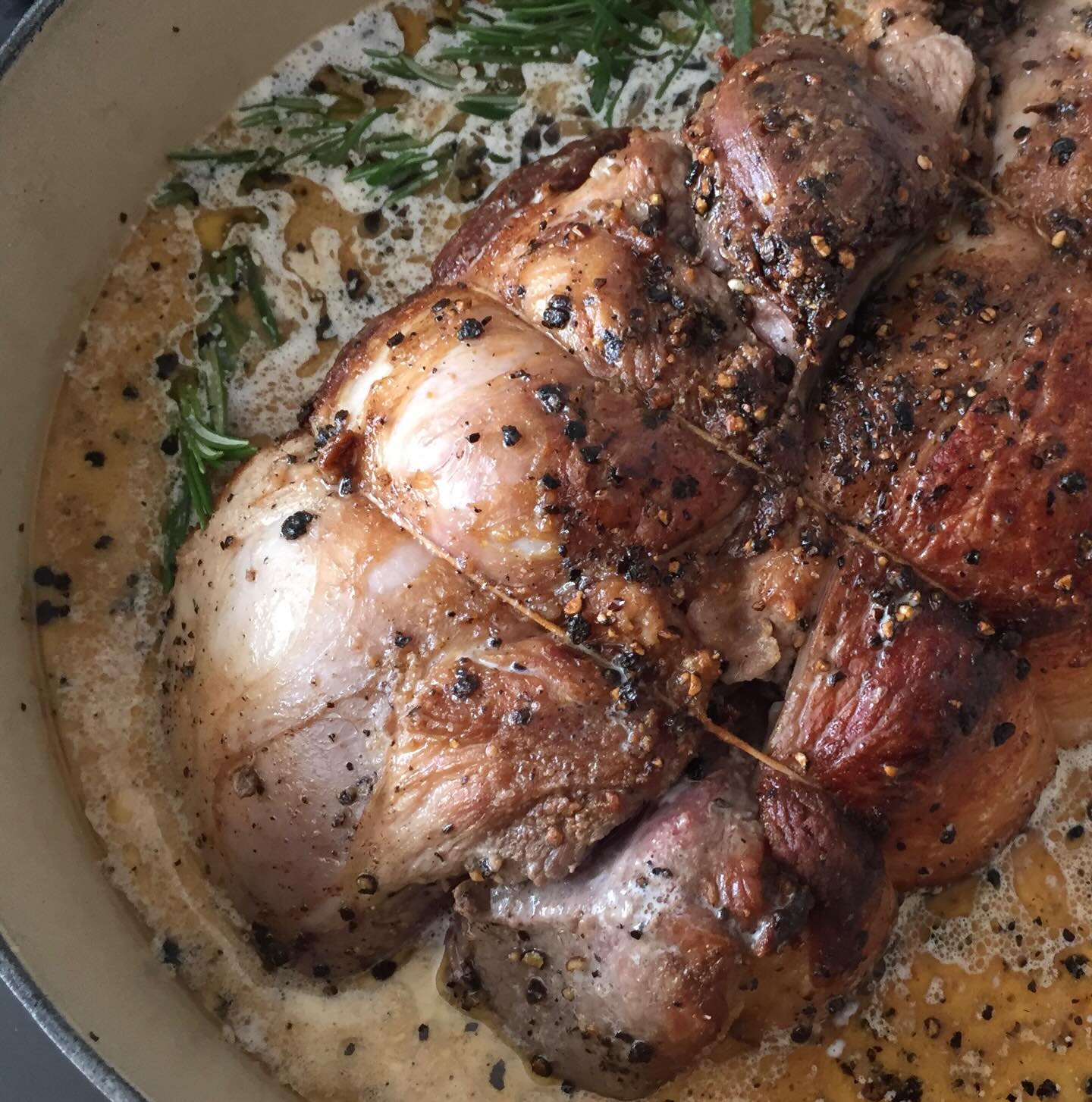 Milk-braised Pork: Slowly braised, tender, and flavourful pork in a luscious, creamy sauce infused with black peppercorns, rosemary, and garlic. An effortless lifesaver for the busy winter holidays and perfect for entertaining. Recipe: WhenInCalabria.com: https://www.whenincalabria.com/post/milk-braised-pork-or-best-dish-ever #braisedpork #rosemary #garlic #peppercorns #milkbraisedpork