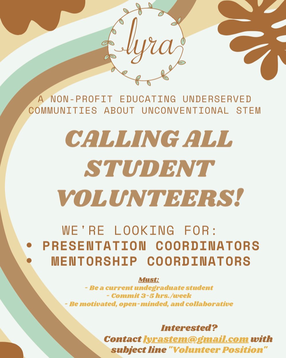 đ¨CALLING ALL STUDENT VOLUNTEERSđ¨
Lyra is hiring! We are looking for motivated undergraduate and graduate students currently enrolled in an accredited university. Email or DM us ASAP to be considered!