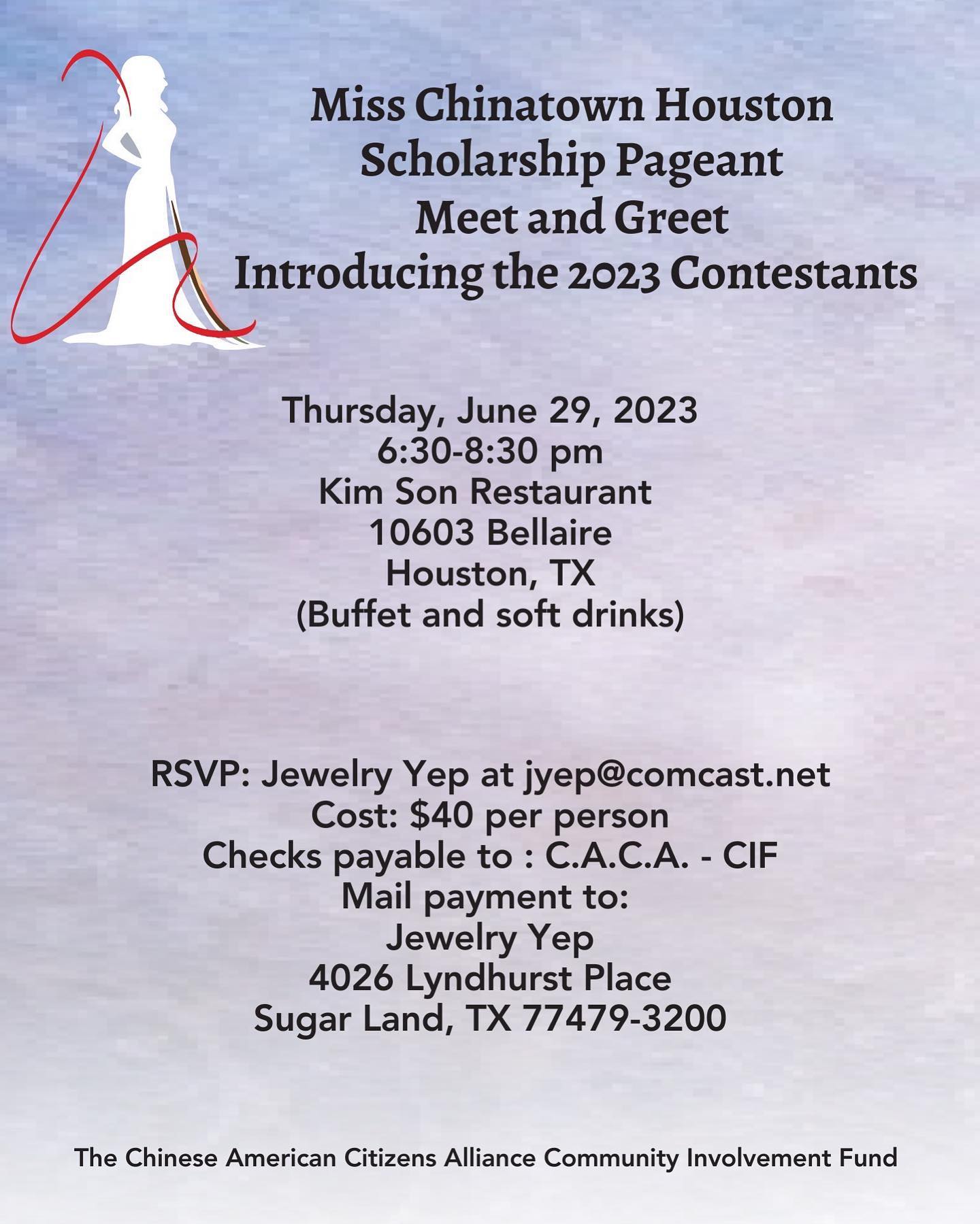Please join us and meet the 2023 contestants for the Miss Chinatown Houston Scholarship Pageant! RSVP information is in the flyer below.