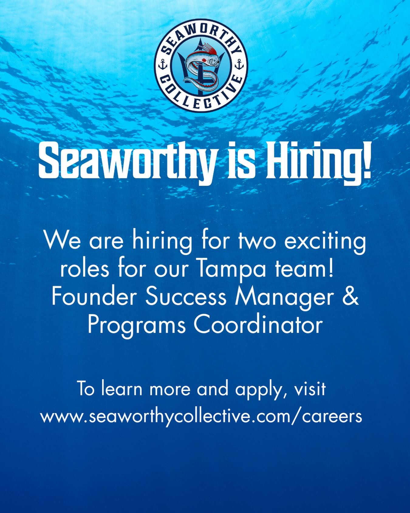 We are excited to announce that we’re expanding our footprint and looking for two community-driven leaders to join the team! We are seeking a Founder Success Manager and a Programs Coordinator who are deeply rooted in the Tampa Bay area and passionate about our mission.
Help us find the right talent to propel our Blue Economy community forward. Please share these openings with your network! Link in bio.
#seaworthycollective #hiring #hiringnow #tampa #tampabay