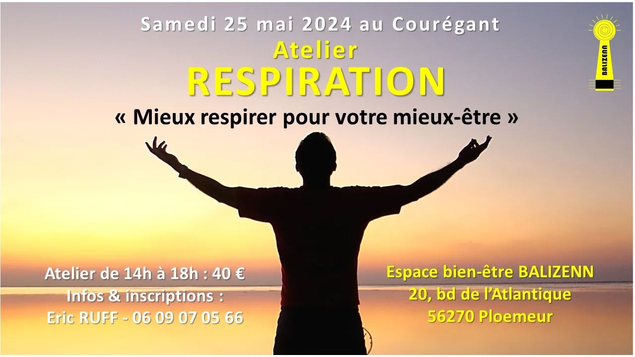 A vos poumons, prêts, respirez le 25 mai !
Mieux respirer pour améliorer votre bien-être ! Je vous propose de découvrir les bienfaits de la respiration consciente sur le corps et l'esprit à travers différentes techniques respiratoires simples, efficaces et accessibles à toutes et tous quels que soient l'âge et la condition physique.
Durant l'après-midi, nous enchainerons les exercices autour de 5 thèmes principaux :
Connexion au corps - Apaisement des tensions - Lâcher-prise avec le mental - Libération du souffle - Vitalité corporelle.
Date : 25 mai 2024, 14:00 – 18:00
Lieu Espace bien-être BALIZENN
Ploemeur, 20 Bd de l'Atlantique, 56270 Ploemeur, France
Tarif : 40 € par personne
Inscriptions ouvertes sur FB ou sur mon site web www.ericruff.fr dans la rubrique Agenda.
Plus d'informations en me contactant directement par mail contact@ericruff.fr ou par téléphone au zéro6 07 09 05 66.
Que le souffle soit avec vous !
Éric Ruff
#respiration
#coachrespiration
#Ploemeur
#morbihan
#bien-être