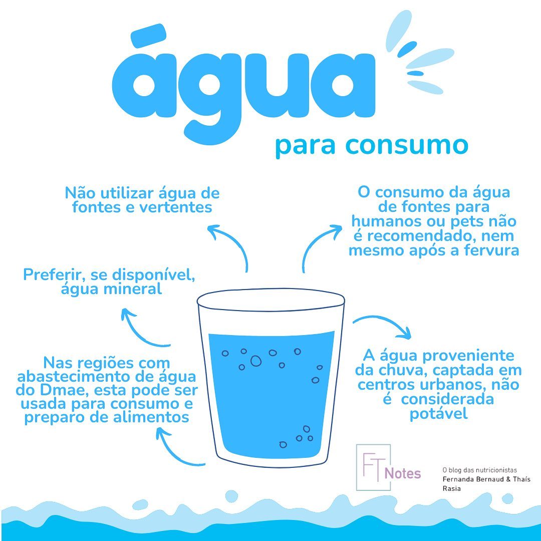 SOS RS #ajudars o que nos cabe no momento, divulgar informações embasadas e confiáveis. A Diretoria de Vigilância em Saúde divulgou um alerta para o uso de águas de fontes alternativas, cujo consumo não é indicado, pois elas não são potáveis. Todas as fontes da cidade de Porto Alegre são monitoradas mensalmente e apontam a presença de microrganismos que podem ocasionar diversas doenças. As recomendações são:
1. Não utilizar água de fontes e vertentes. Essa água, no entanto, pode ser usada para limpeza e para descarga de vaso sanitário;
2. Consumir água engarrafada, inclusive no preparo de alimentos;
3. Nas regiões com abastecimento de água do Dmae ativo, utilizar a água de forma moderada. Esta pode ser usada para consumo e preparo de alimentos;
4. O consumo da água de fontes para humanos ou pets não é recomendado, nem mesmo após a fervura.
Cabe destacar que a água proveniente da chuva, captada em centros urbanos, não é considerada potável, pois pode conter contaminantes, não sendo adequada para o consumo humano. No entanto, assim como a água de fontes e vertentes, pode ser usada em tarefas domésticas.
Referência:
https://prefeitura.poa.br/sms/noticias/vigilancia-alerta-para-uso-de-aguas-de-fontes-alternativas
