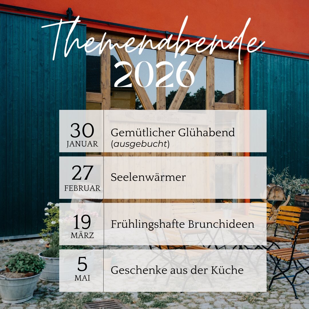 ✨ Unsere ersten Themenabende für 2026 ✨
Freut euch auf genussvolle Abende, neue Inspirationen und gemeinsames Kochen in entspannter Atmosphäre in unserer urigen Scheunenküche 🍽️
Ob saisonale Küche, besondere Themen oder einfach Freude am guten Essen - 2026 wird lecker!
👉🏻 noch mehr Infos & Tickets findet ihr auf unserer Website und im Hofladen
Wir freuen uns auf euch 👩🍳👨🍳💛
#kochkurs #regionalgenießen #gemeinsamkochen #mittelsachsen #genussmomente