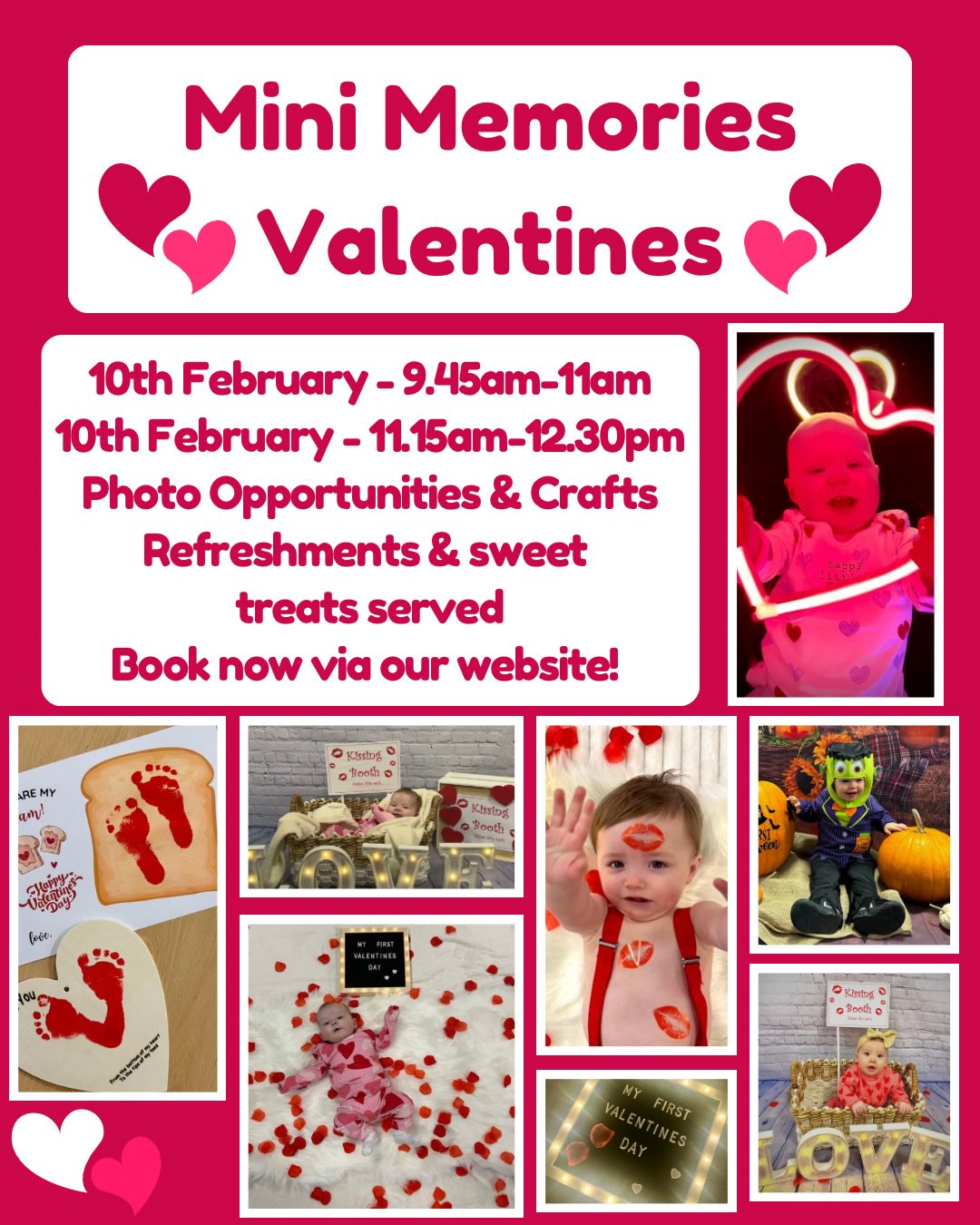 My Babytime Mini Memories are one off themed workshops giving you the opportunity to make cute keepsakes and photo memories with your babies.
The session is suitable from birth to crawling.
Each session lasts for 1 hour 15 minutes but once you have your crafts and photos you are free to leave at anytime.
Tuesday 10th February 9.45am to 11am
Tuesday 10th February 11.15am to 12.30pm
❤️Choice of Wooden Valentines Keepsake personalised with your babies’ footprints and cute message.
❤️Personalised Valentines Card
❤️At least Six photo opportunities with Valentines backdrops or Love themed areas
❤️Kissing Booth
❤️Refreshments, hot drinks and sweet treats.
Once you arrive to the session you make your way around the different areas using your own phone to capture the pictures, you may bring an additional adult free of charge to help you.
Book now link in bio
#mybabytime #congleton #babyclasses