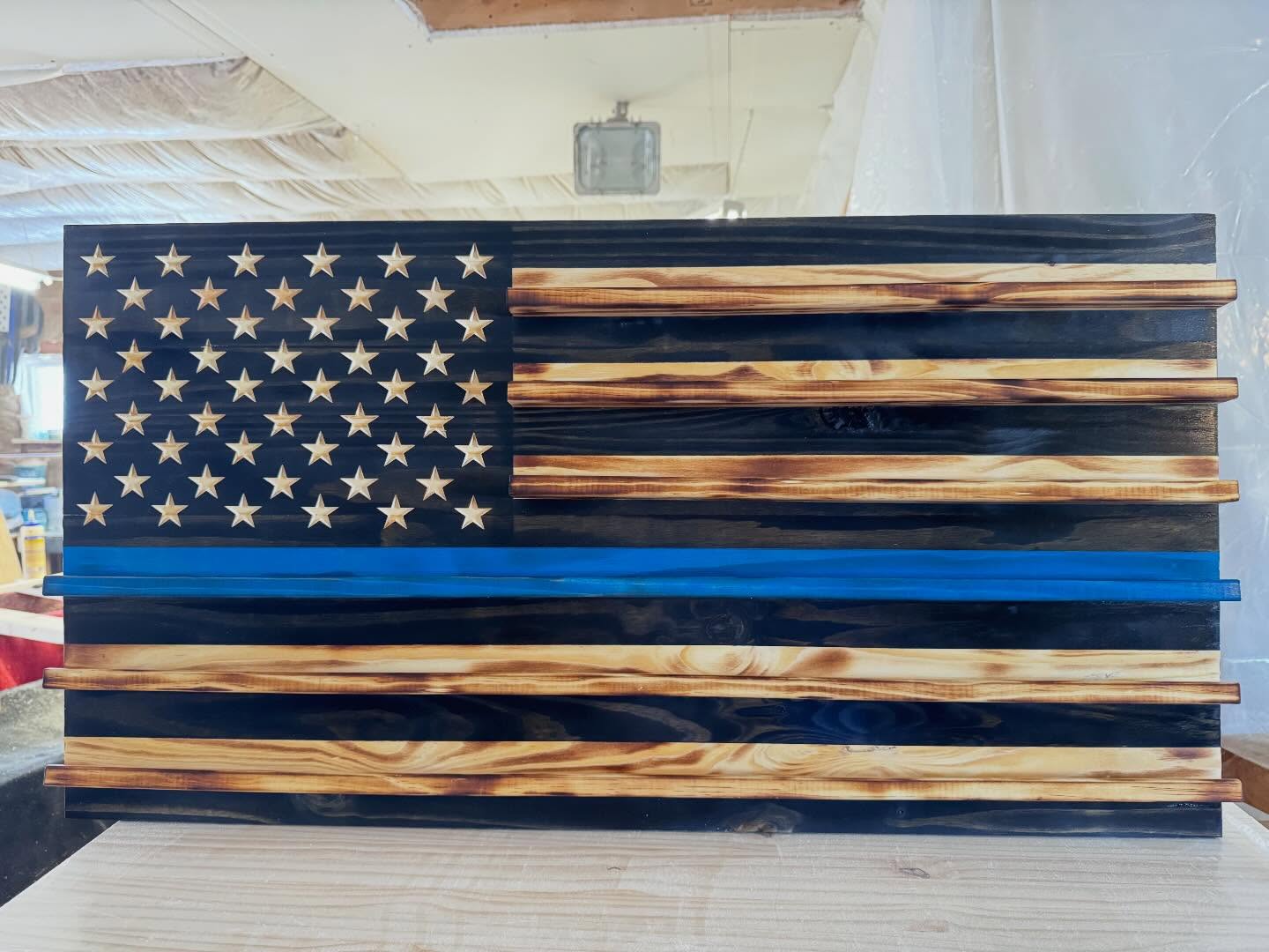Another flag complete! #thinbluelineflags #challengecoinflag #allstain #customwoodflags