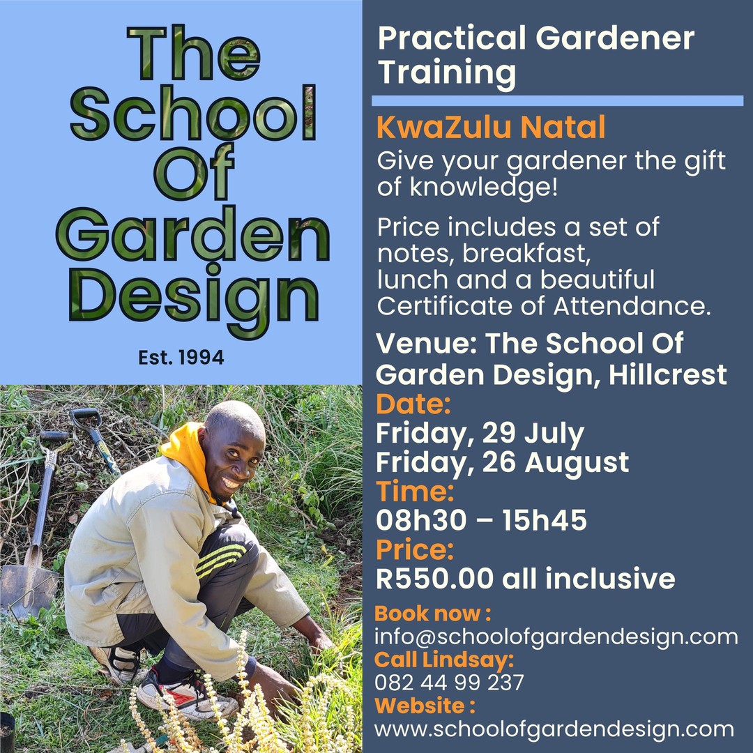 We still have a few places left for this Friday's training. This is such a gift to give the person who cares for your garden, enabling him/her to work with confidence and minimal supervision.
Email our office at info@schoolofgardendesign.com or WhatsApp Lindsay on 0824499237.
