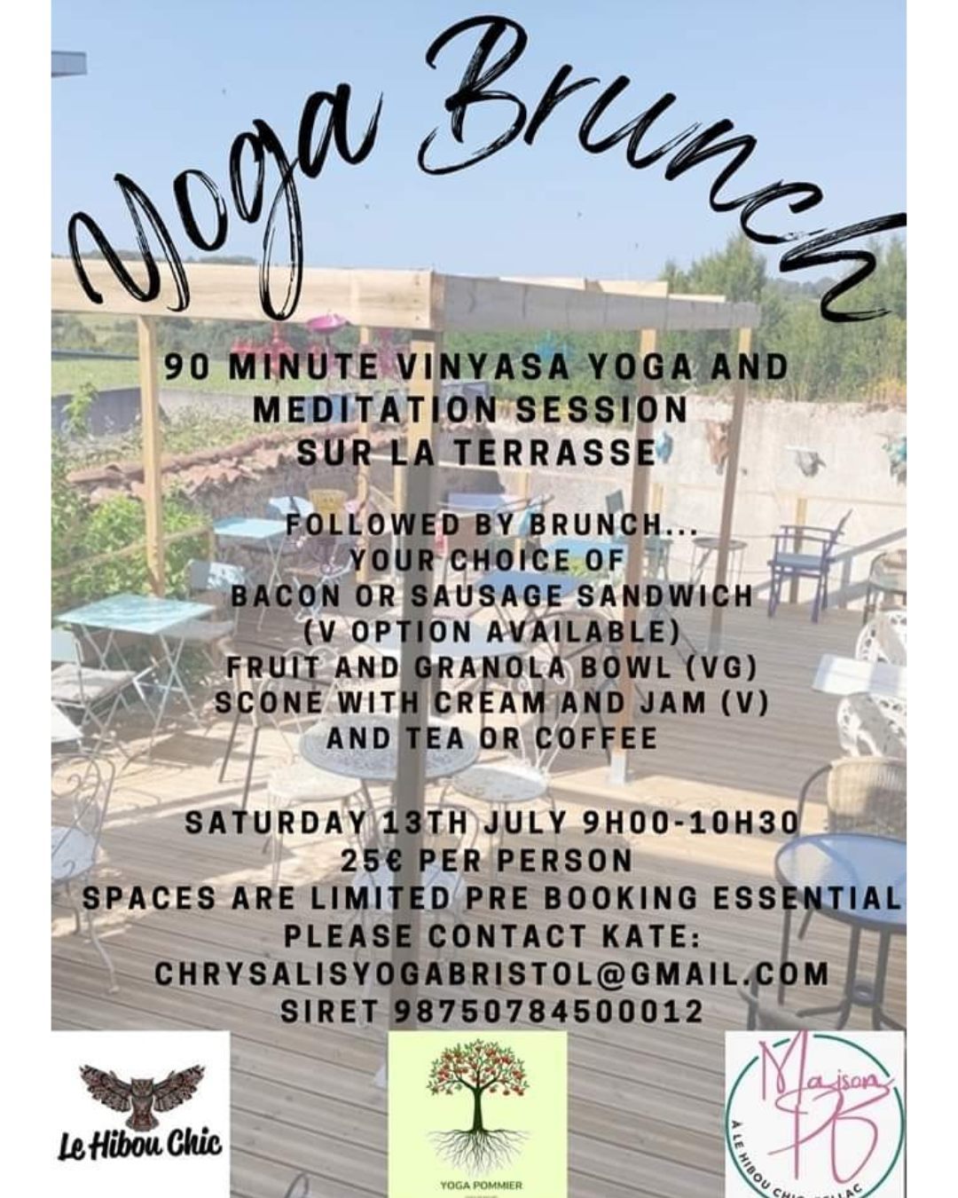 Fancy starting this weekend off on a different note?
@yoga_pommier have a morning session on the terrasse, followed by a lovely brunch expertly created by Maison PB here at Le Hibou Chic this Saturday.
If you'd like to join, please contact Yoga Pommier directly.
Namaste 🙏