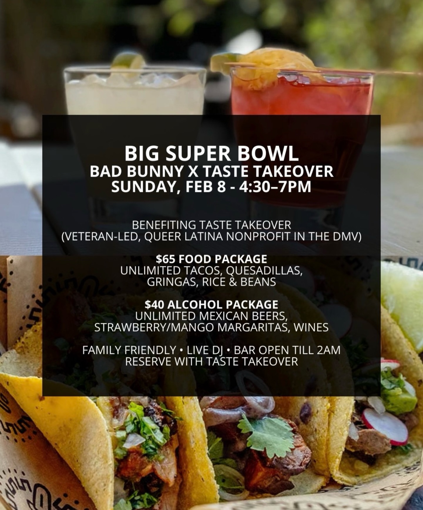 WE ARE TASTE TAKEOVER… AND WE’RE TAKING OVER TAQUERIA PICOSO!! 🌶️🌮🔥🏈
Super Bowl Sunday just turned into a full Latin takeover with Bad Bunny vibes, big screen, unlimited tacos, margaritas flowing, and the after-party going till 12am OR 2AM (depends how late we want the party to go!) w/ @waitraffi !!
February 8th • 4:30pm
1472 N Beauregard St, Alexandria, VA
4:30–7PM HH Specials
$65 unlimited food
$40 unlimited drinks
Family friendly!
Live DJ
Bar open till 2AM!!
This one benefits our nonprofit, a veteran-led queer Latina 501c3 in the DMV and the energy is about to be unreal!!! 🏳️🌈🔥🏈
RSVP NOW, FREE!! 👉 tastetakeover.com
Tag your watch party crew and meet us at Picoso!!Oh and there’s FREE parking!! 🌮🔥🏈💃🏻🫶🏼