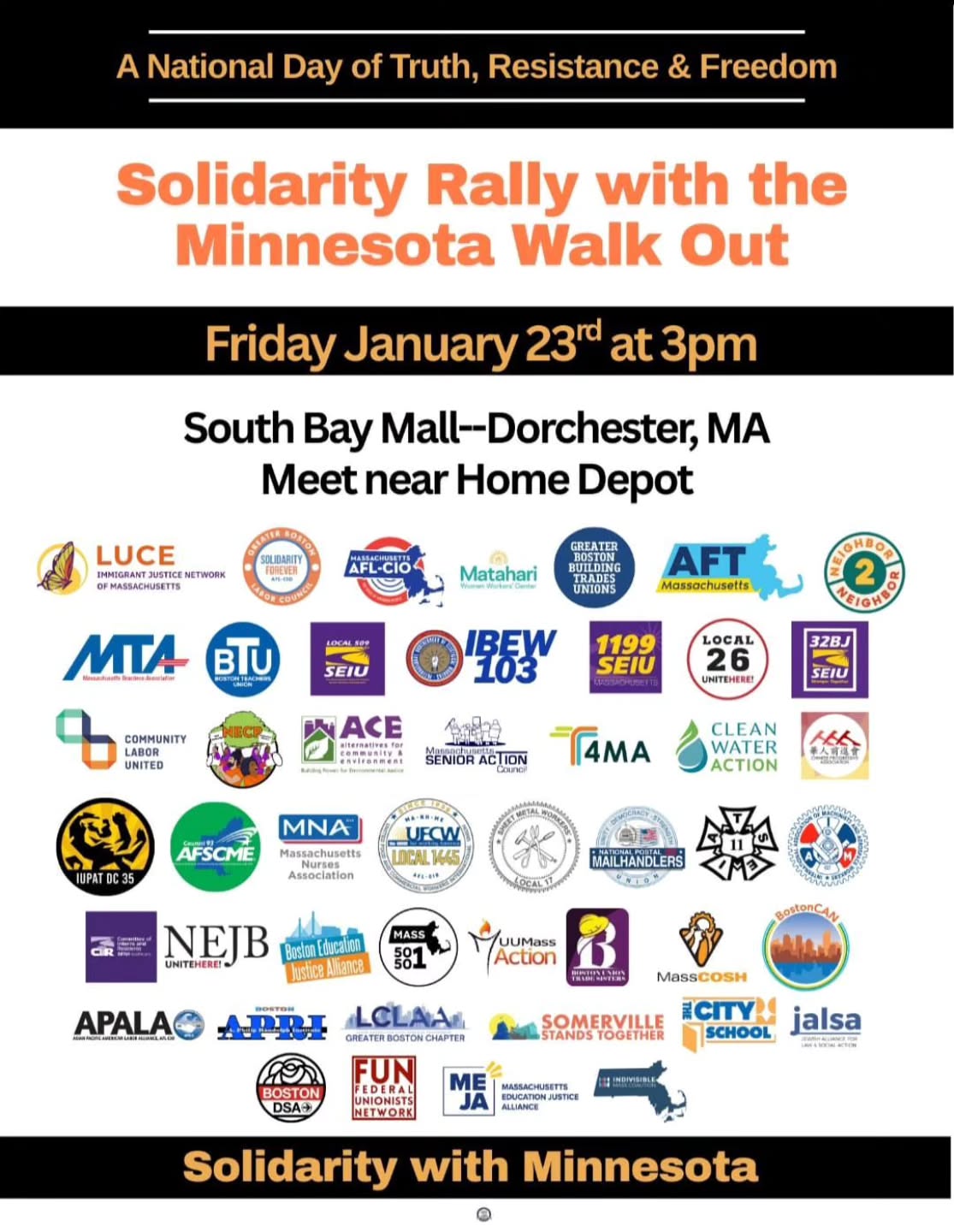 Glad to hear my union, SAG-AFTRA, is one of the organizations taking part in solidarity rallies like this.
3pm today (Jan 23), South Bay Mall, Dorchester MA