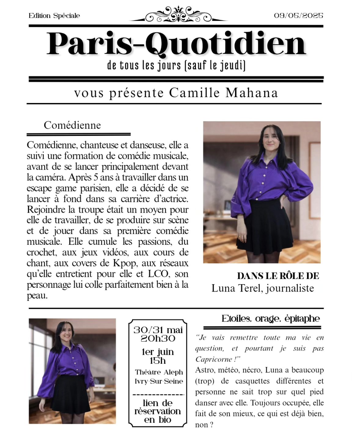 Ici votre humble serviteuse, pas facile de parler de soi, mais je vous invite forcément à venir voir ce super spectacle qui vous fera forcément rire, réfléchir et dans lequel nous mettons tout notre coeur !
#actrice #comédiemusicale #luna #spectacle