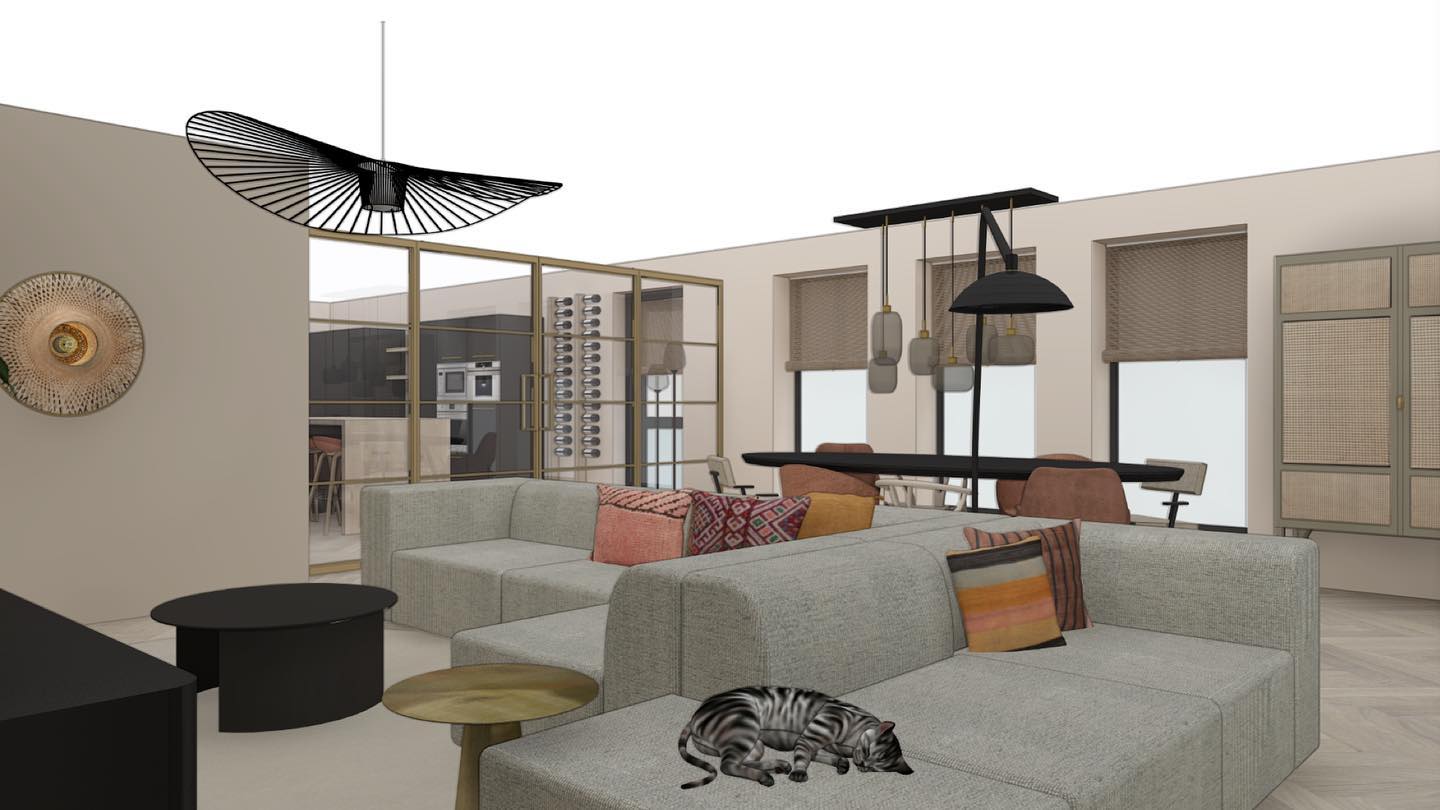 Kom maar op met die ideeën!
Ik hoor vaak: Ik heb wel ideeën maar het blijft lastig om deze te visualiseren in mijn woonkamer. Zijn de ideeën wel geschikt voor de ruimte?
Hoe fijn is het dan om een compleet 3D beeld te krijgen waarin ideeën in beeld worden gebracht.
Extra fijne bijkomstigheid: om ook andere ideeën te ontvangen die soms nog verrassender zijn dan je eigen ideeën.
Het resultaat: Een interieur dat rust en eenheid uitstraalt met een verassende twist dat maakt dat jouw interieur even anders is dan de rest.
Ik werk graag meerdere mogelijkheden en ideeën voor je uit. Om zo een goed beeld te krijgen en om een goede overweging te kunnen maken voor een definitief plan.
Bij deze klant kon ik het niet laten om de poes te laten ontbreken in het interieur.
Heerlijk plekje daar in het zonnetje voor de ramen op het uiteinde van de elementenbank.
Spot jij hem? 🐈⬛